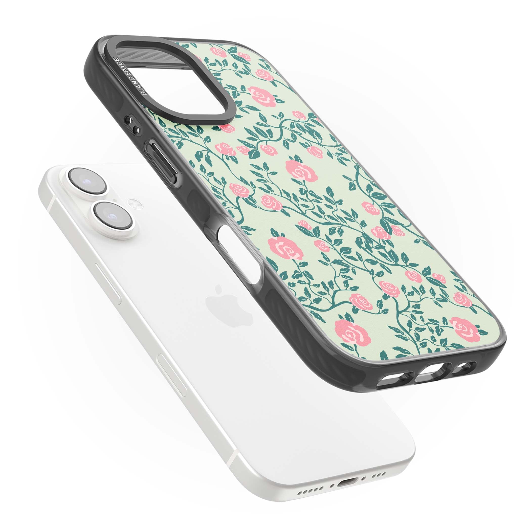 Rose Trellis cottagecore iPhone case featuring pink roses, sage green vines, and mint background | Black Impact case for iPhone 16, iPhone 16 Plus