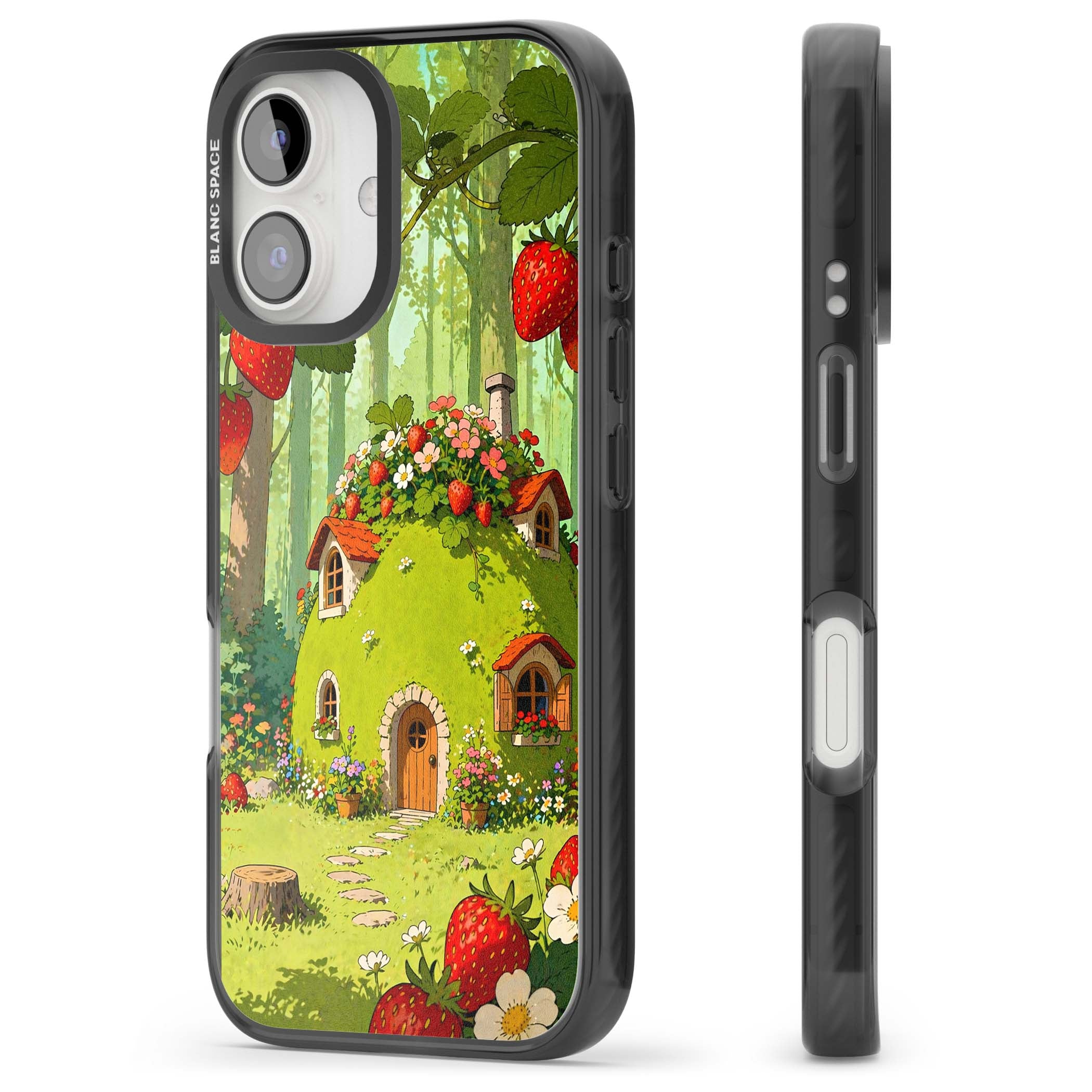 Strawberry Cottage cottagecore iPhone case featuring a green fairy house, wild strawberries and enchanted forest flowers | Black Impact case for iPhone 16, iPhone 16 Plus