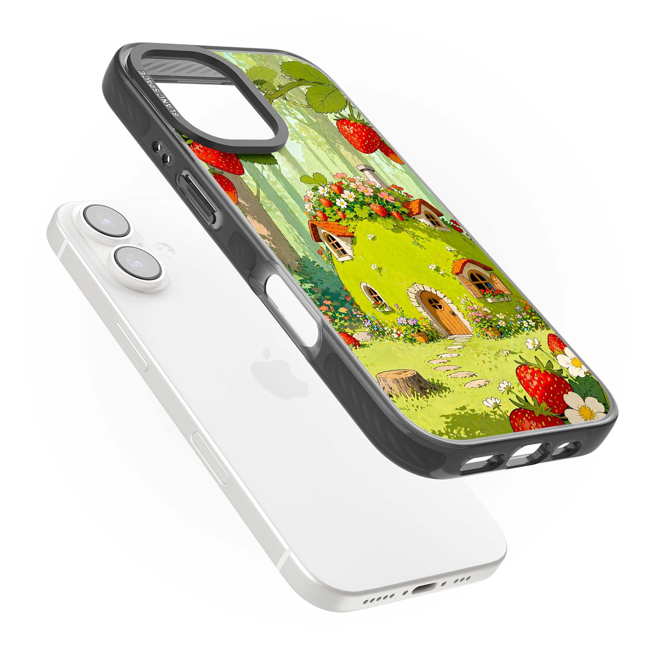 Strawberry Cottage cottagecore iPhone case featuring a green fairy house, wild strawberries and enchanted forest flowers | Black Impact case for iPhone 16, iPhone 16 Plus