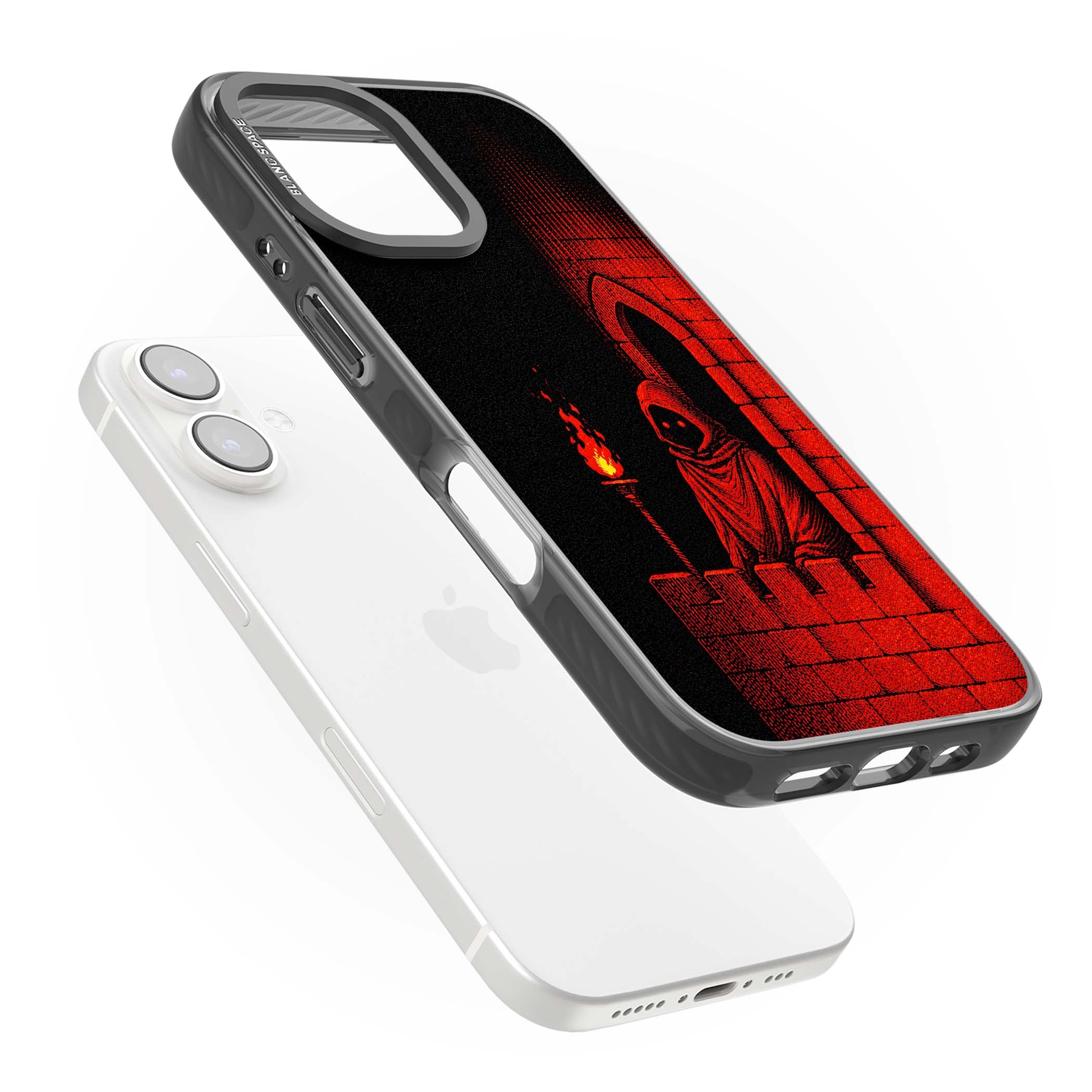 Crimson Crypt gothic iPhone case featuring a hooded reaper, torchlit crypt archway and red halftone horror art | Black Impact case for iPhone 16, iPhone 16 Plus