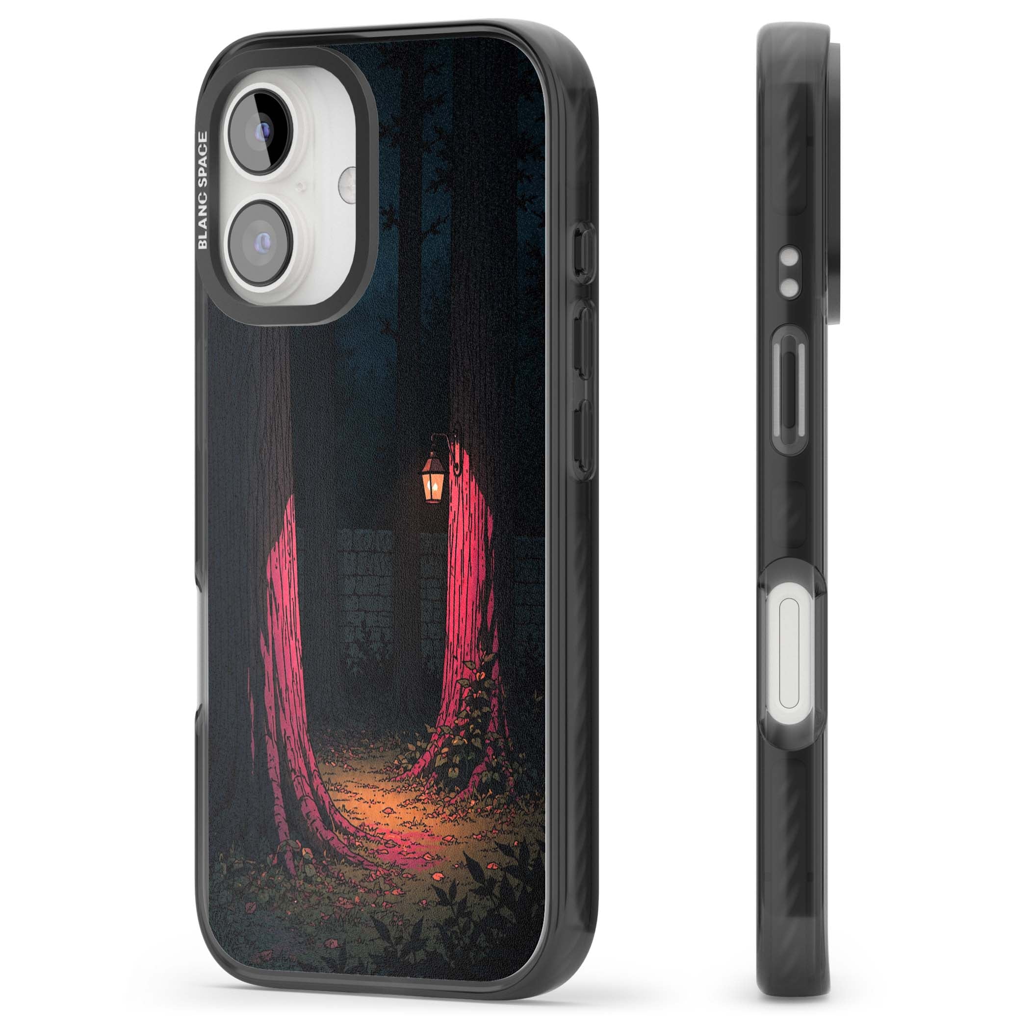 Forest Lantern dark academia iPhone case featuring a moonlit forest, glowing lantern, and stone wall pathway | Black Impact case for iPhone 16, iPhone 16 Plus