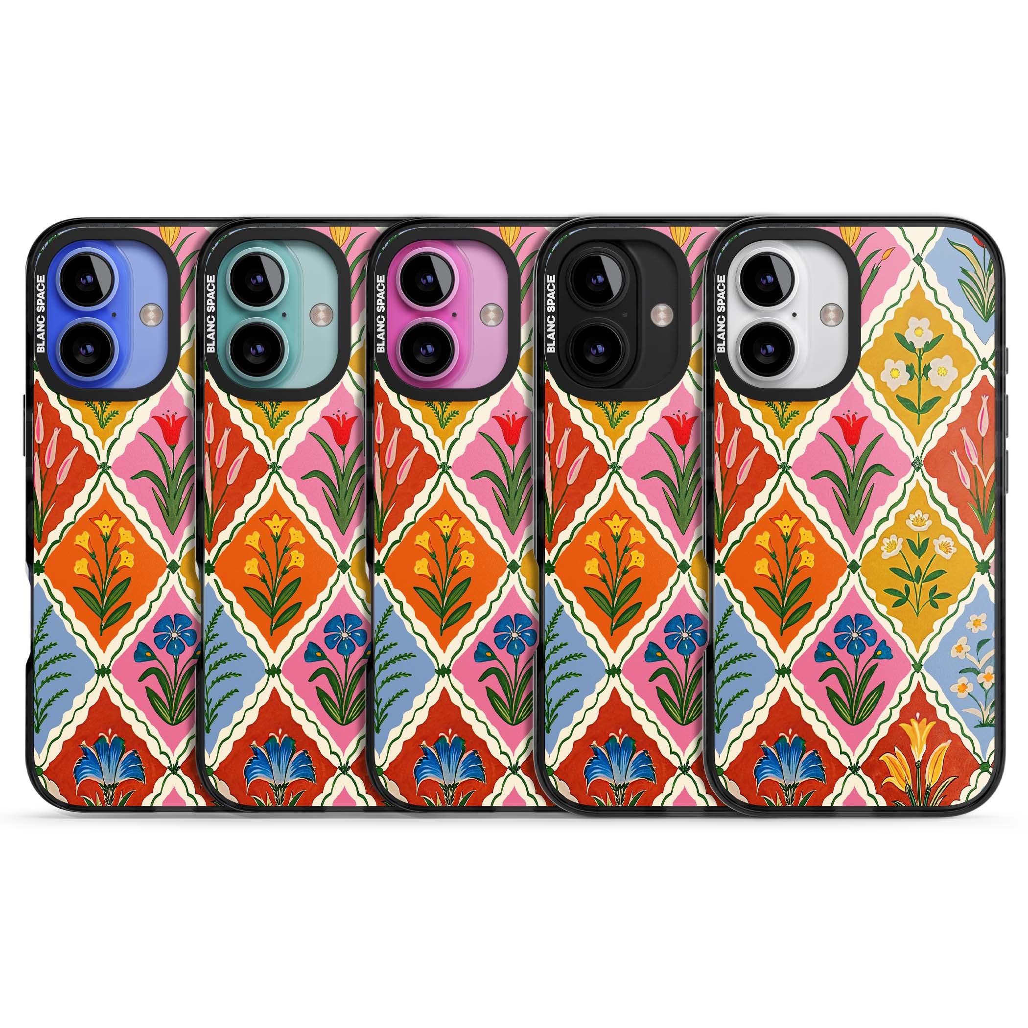 Floral Quilt boho floral iPhone case featuring diamond lattice pattern, hand-painted tulips and folk art wildflowers | Black Impact case for iPhone 16, iPhone 16 Plus