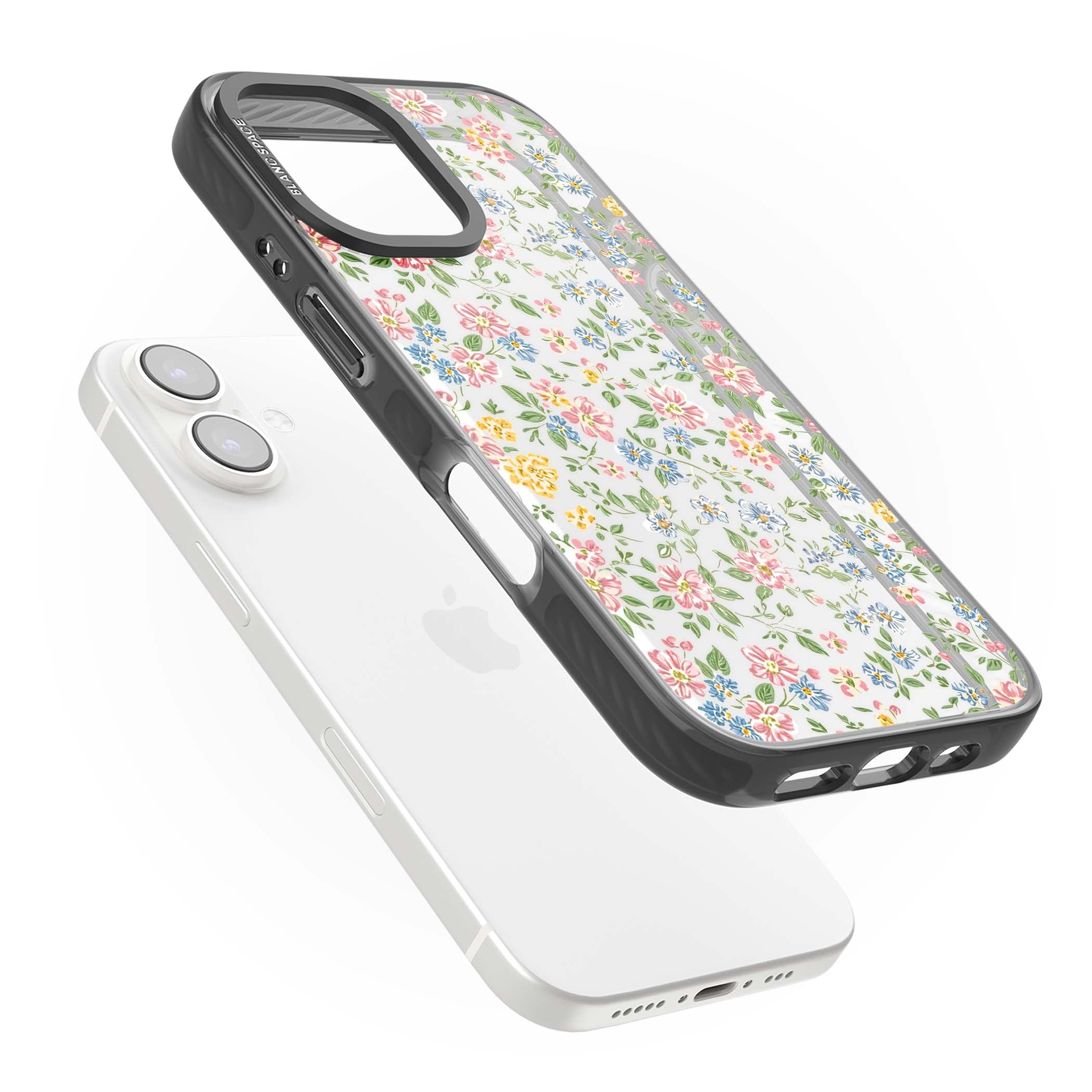 Soft Meadow cottagecore iPhone case featuring pink cosmos, blue forget-me-nots, yellow buttercups and green leaves sca | Black Impact case for iPhone 16, iPhone 16 Plus