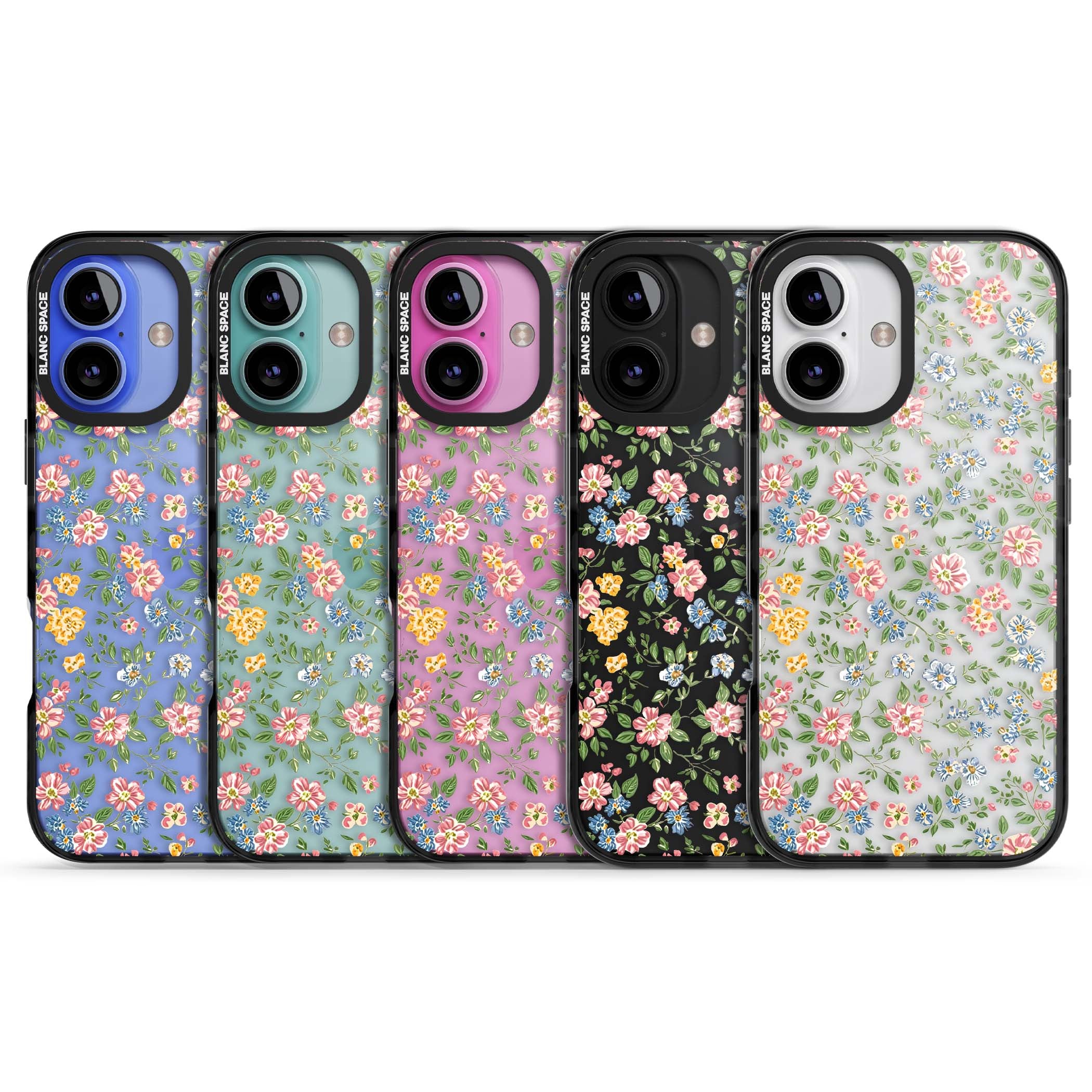 Soft Meadow cottagecore iPhone case featuring pink cosmos, blue forget-me-nots, yellow buttercups and green leaves sca | Black Impact case for iPhone 16, iPhone 16 Plus