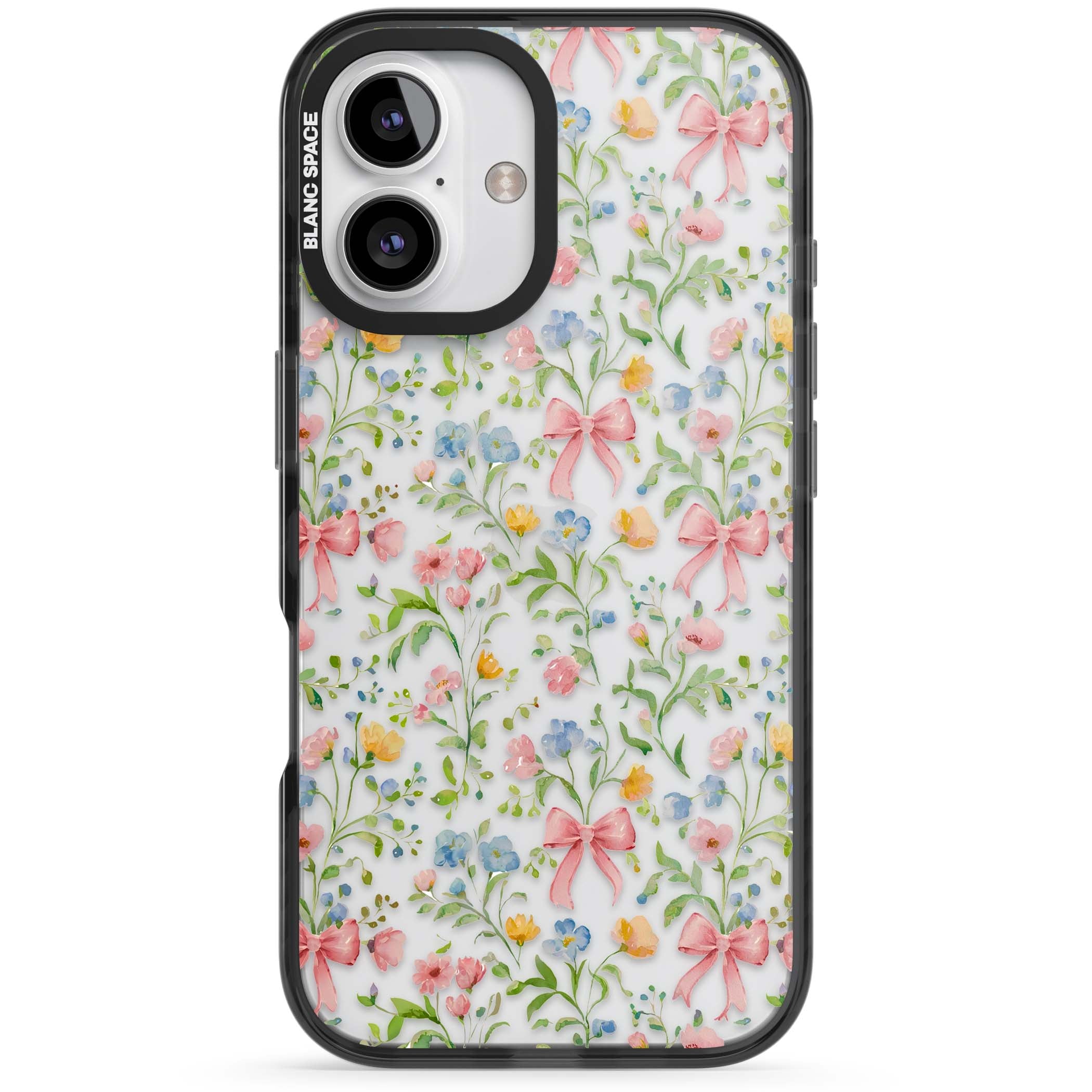 Ribbons & Wildflowers cottagecore iPhone case featuring watercolor wildflowers, pink satin bows, and delicate spring blooms o | Black Impact case for iPhone 16, iPhone 16 Plus