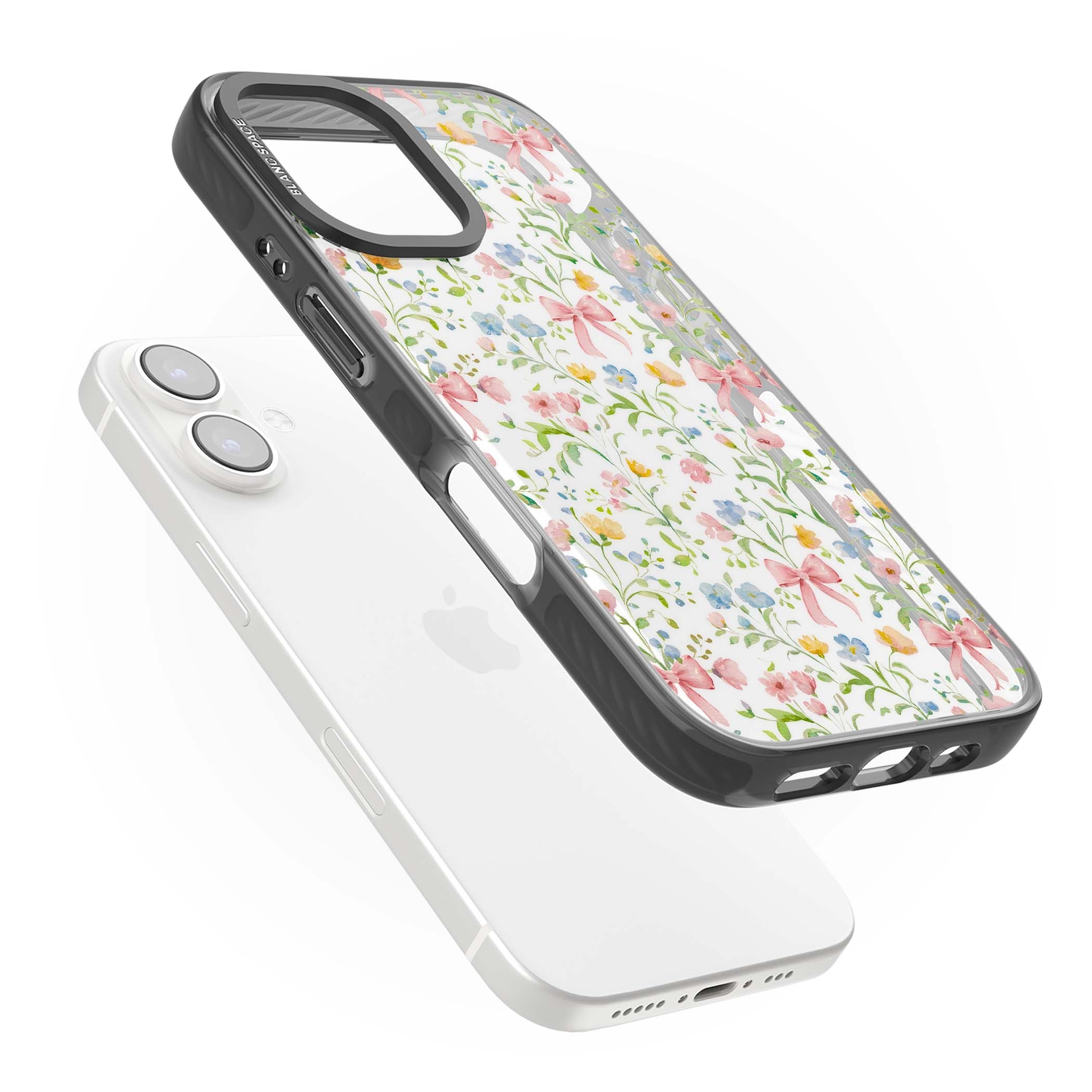 Ribbons & Wildflowers cottagecore iPhone case featuring watercolor wildflowers, pink satin bows, and delicate spring blooms o | Black Impact case for iPhone 16, iPhone 16 Plus