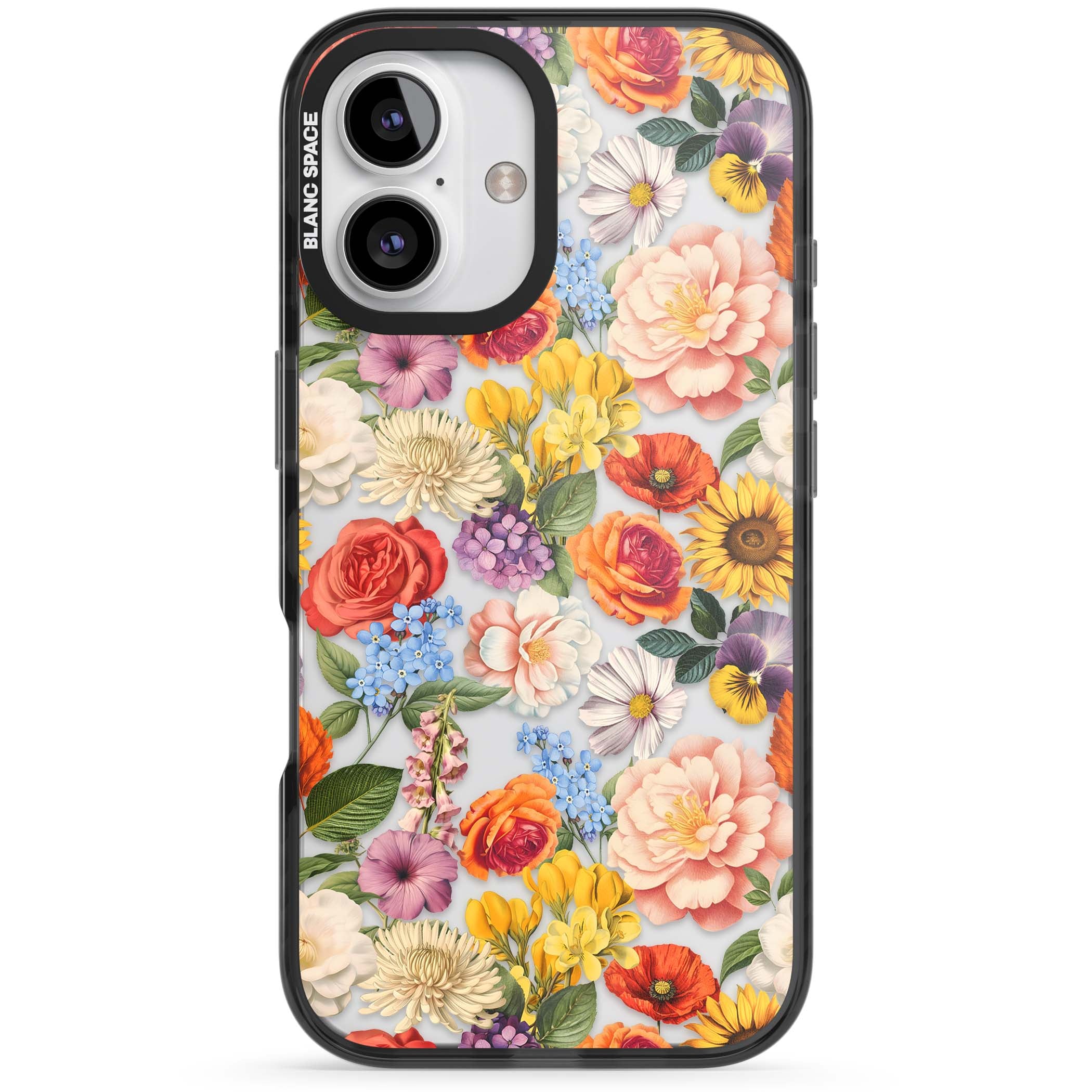 Bloom Basket floral iPhone case featuring cottage garden flowers including peonies, sunflowers, and wildflowers in pastel col | Black Impact case for iPhone 16, iPhone 16 Plus