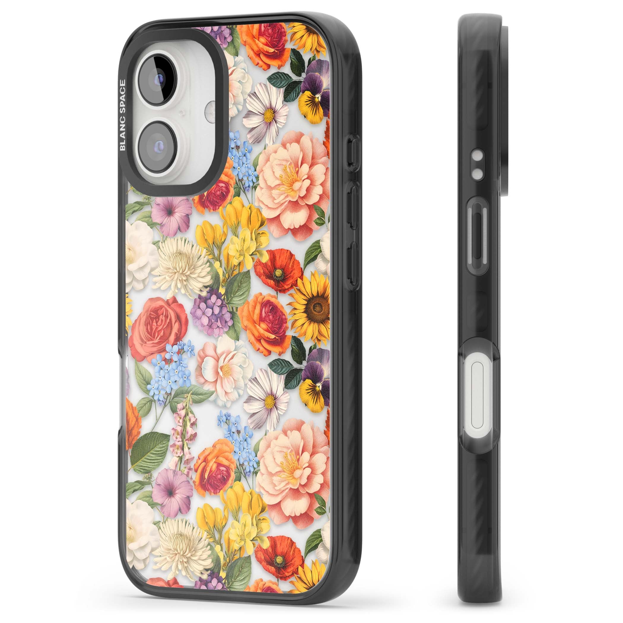 Bloom Basket floral iPhone case featuring cottage garden flowers including peonies, sunflowers, and wildflowers in pastel col | Black Impact case for iPhone 16, iPhone 16 Plus