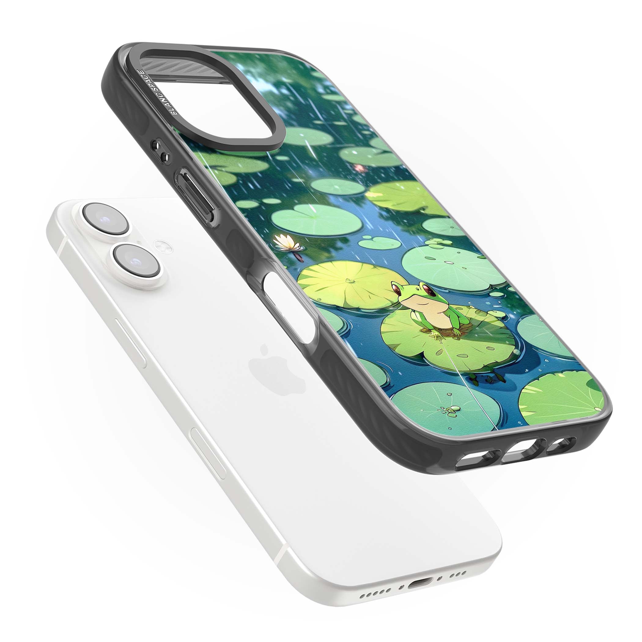 Frog In Lily Pond cottagecore iPhone case featuring a cute green frog on a lily pad with falling rain and a lotus flower | Black Impact case for iPhone 16, iPhone 16 Plus
