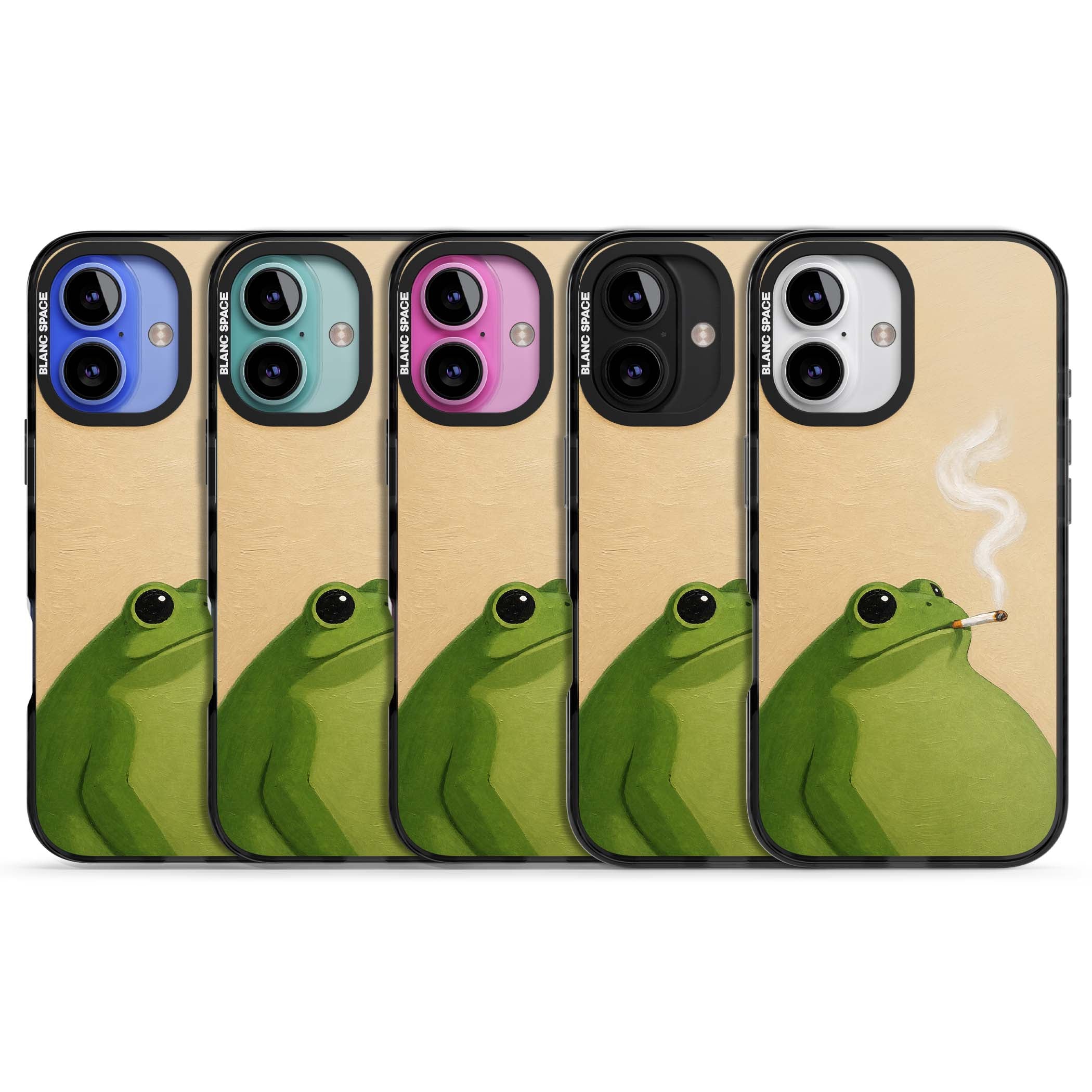 The Smoking Frog cottagecore iPhone case featuring a hand-painted green frog smoking a cigarette on a cream oil painting back | Black Impact case for iPhone 16, iPhone 16 Plus