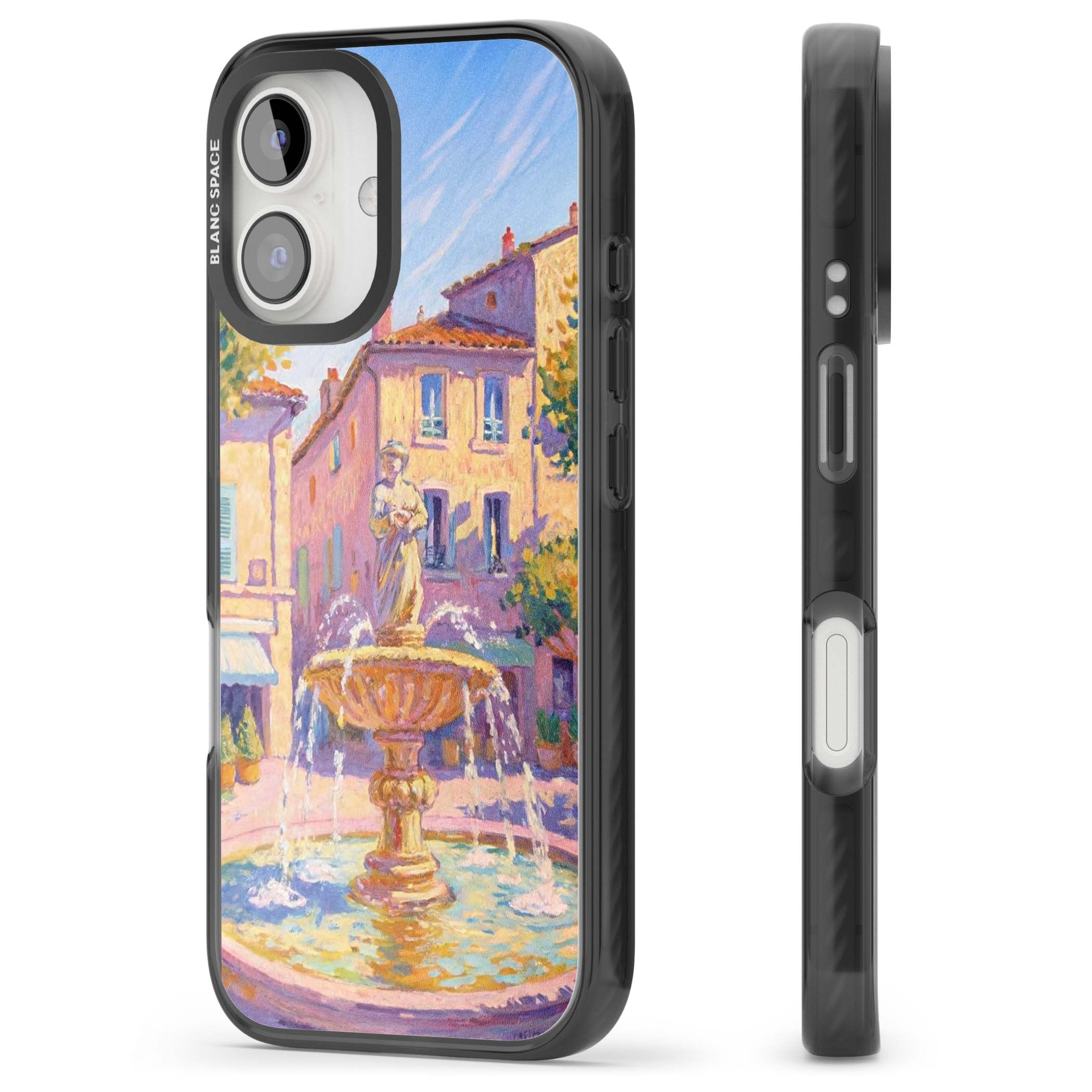 Fountain Square fine art iPhone case featuring an impressionist Provençal fountain, pastel village buildings and summe | Black Impact case for iPhone 16, iPhone 16 Plus