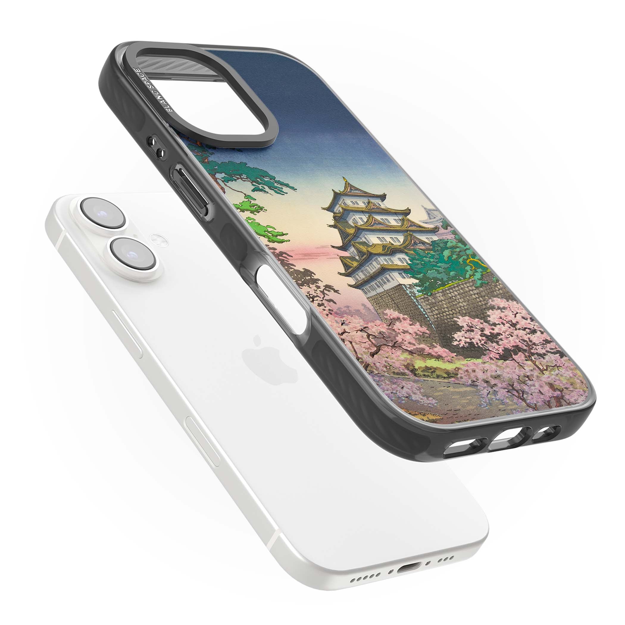 Nagoya Castle Japanese iPhone case featuring a vintage pagoda, twilight sky and cherry blossom trees | Black Impact case for iPhone 16, iPhone 16 Plus