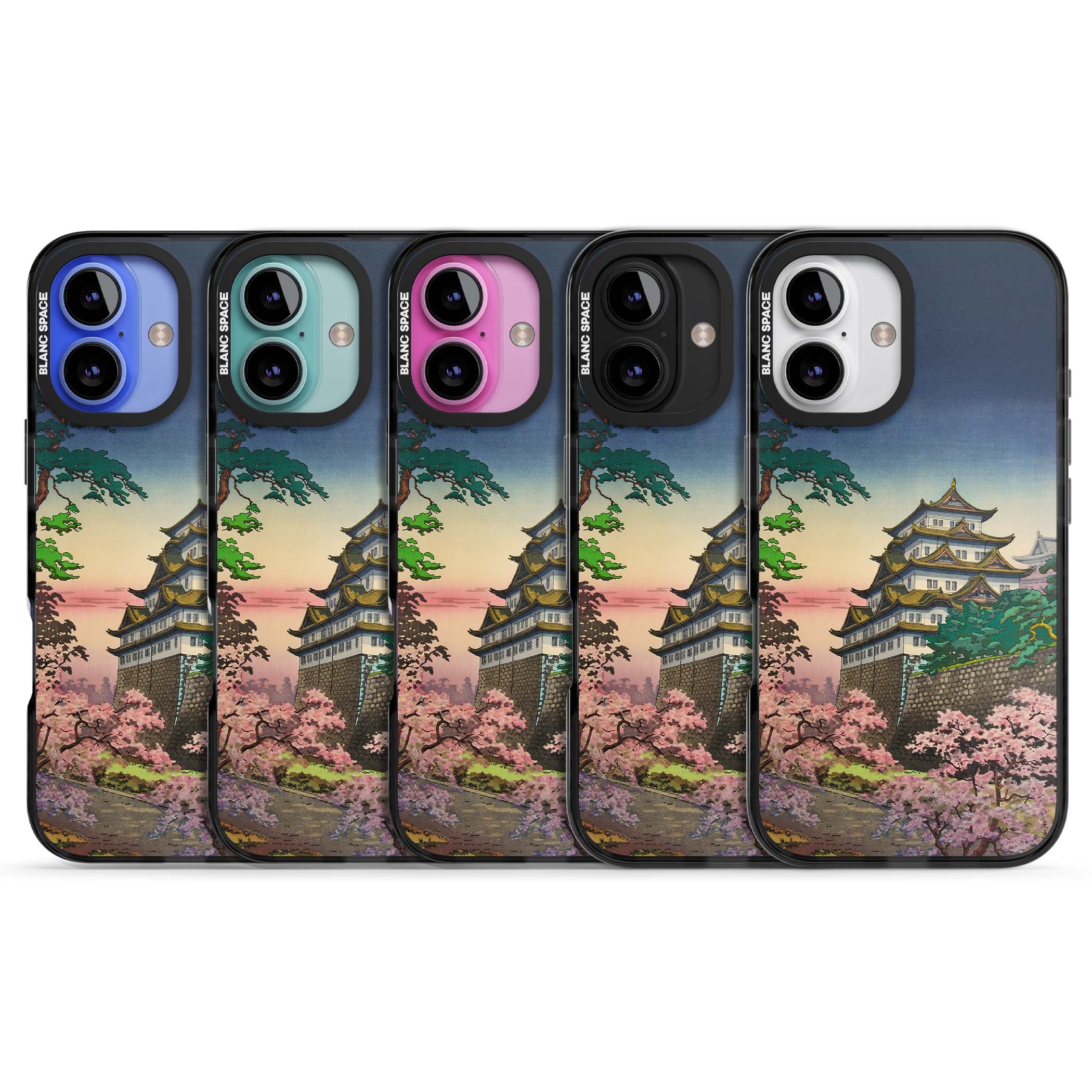 Nagoya Castle Japanese iPhone case featuring a vintage pagoda, twilight sky and cherry blossom trees | Black Impact case for iPhone 16, iPhone 16 Plus