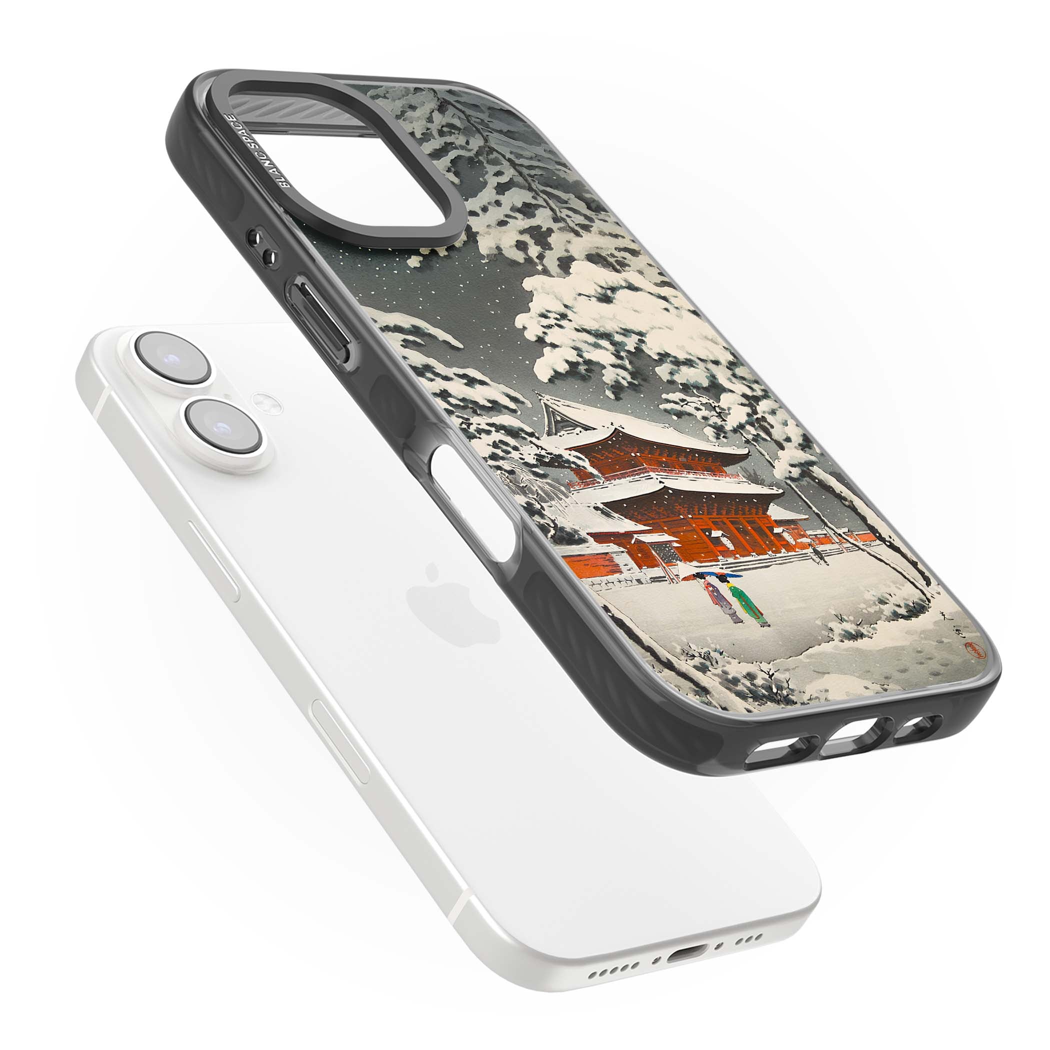 Snow at Shiha Park, Tokyo Japanese art iPhone case featuring a vintage ukiyo-e snowy temple, red pagoda, and snow-covered pin | Black Impact case for iPhone 16, iPhone 16 Plus