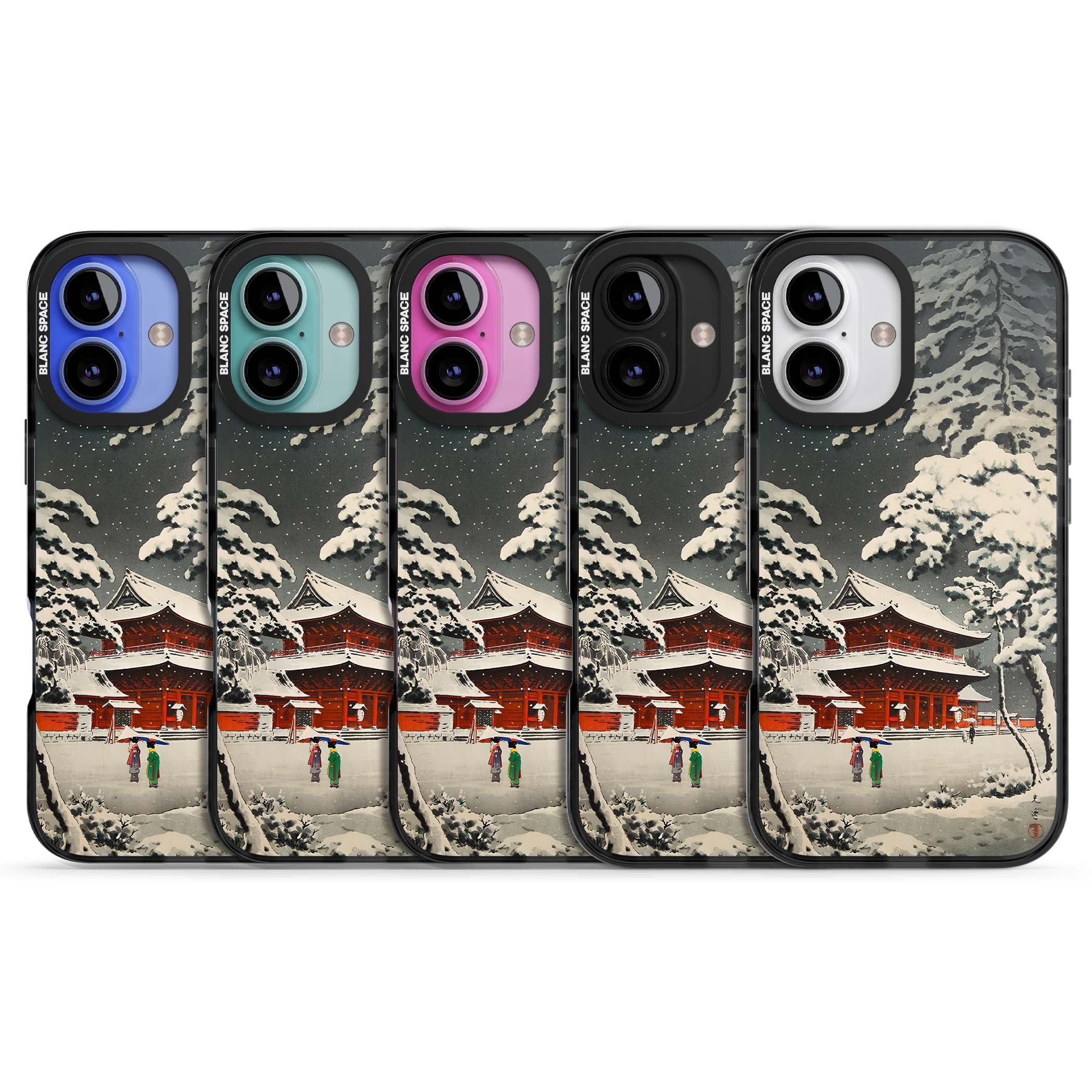 Snow at Shiha Park, Tokyo Japanese art iPhone case featuring a vintage ukiyo-e snowy temple, red pagoda, and snow-covered pin | Black Impact case for iPhone 16, iPhone 16 Plus