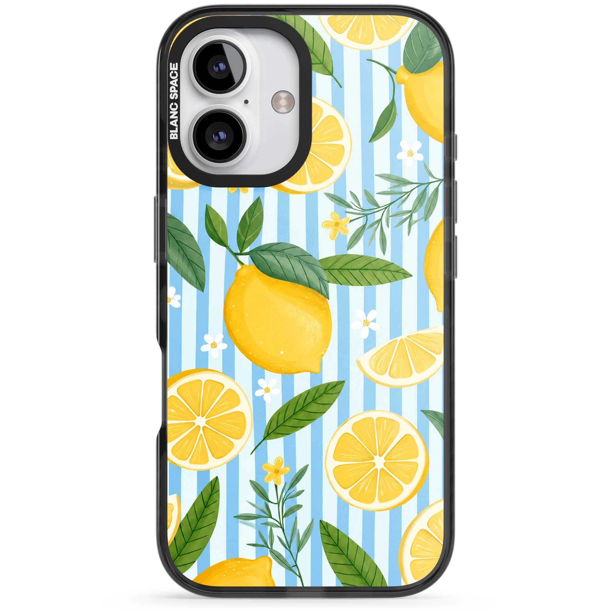 Capri Citrus Stripe coastal iPhone case featuring yellow lemons, blue stripes, and white daisy blossoms | Black Impact case for iPhone 16, iPhone 16 Plus