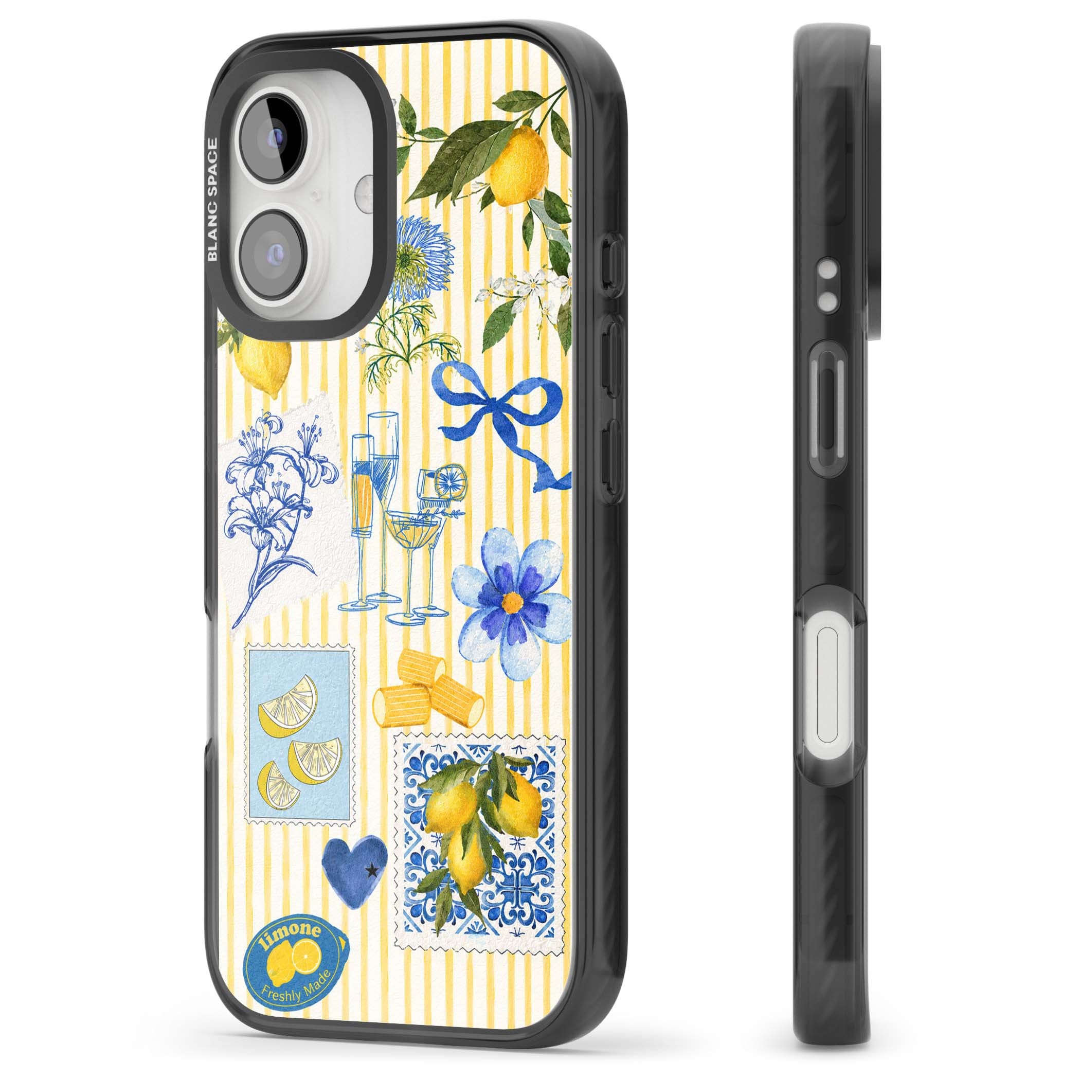 Limone Riviera Italian summer iPhone case featuring watercolour lemons, blue ribbon bows and majolica tile stamps on... | Black Impact case for iPhone 16, iPhone 16 Plus