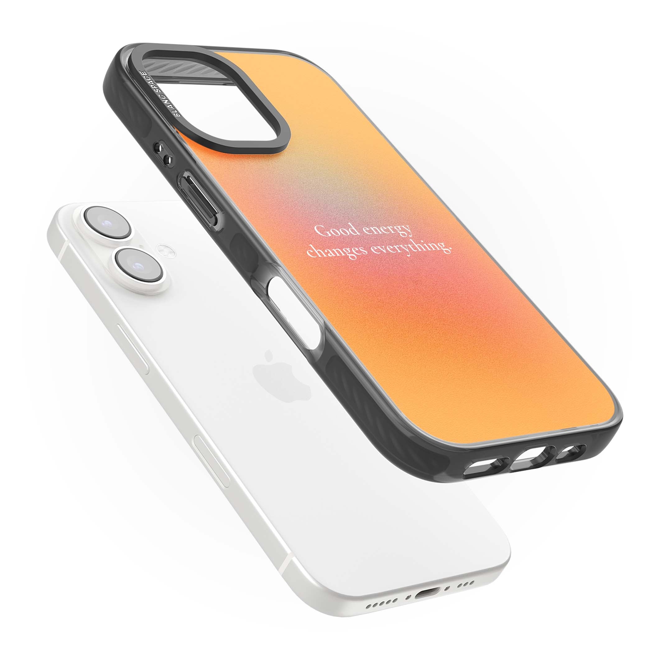 Good Energy quote iPhone case featuring an orange and pink aura gradient with white serif affirmation text | Black Impact Magsafe case for iPhone 16, iPhone 16 Plus