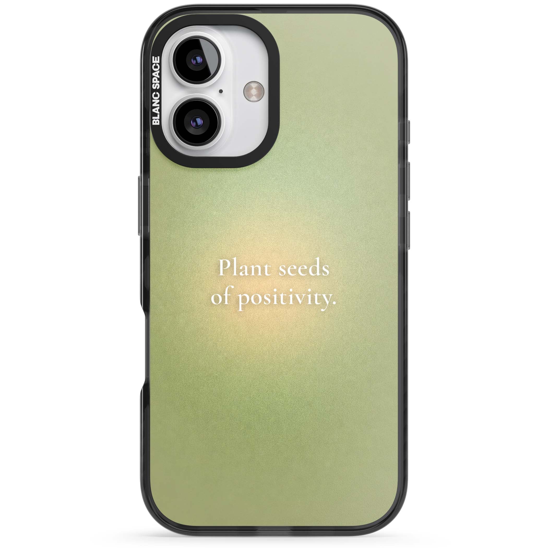 Seeds of Positivity quote iPhone case featuring a sage green aura gradient and golden glow affirmation | Black Impact Magsafe case for iPhone 16, iPhone 16 Plus