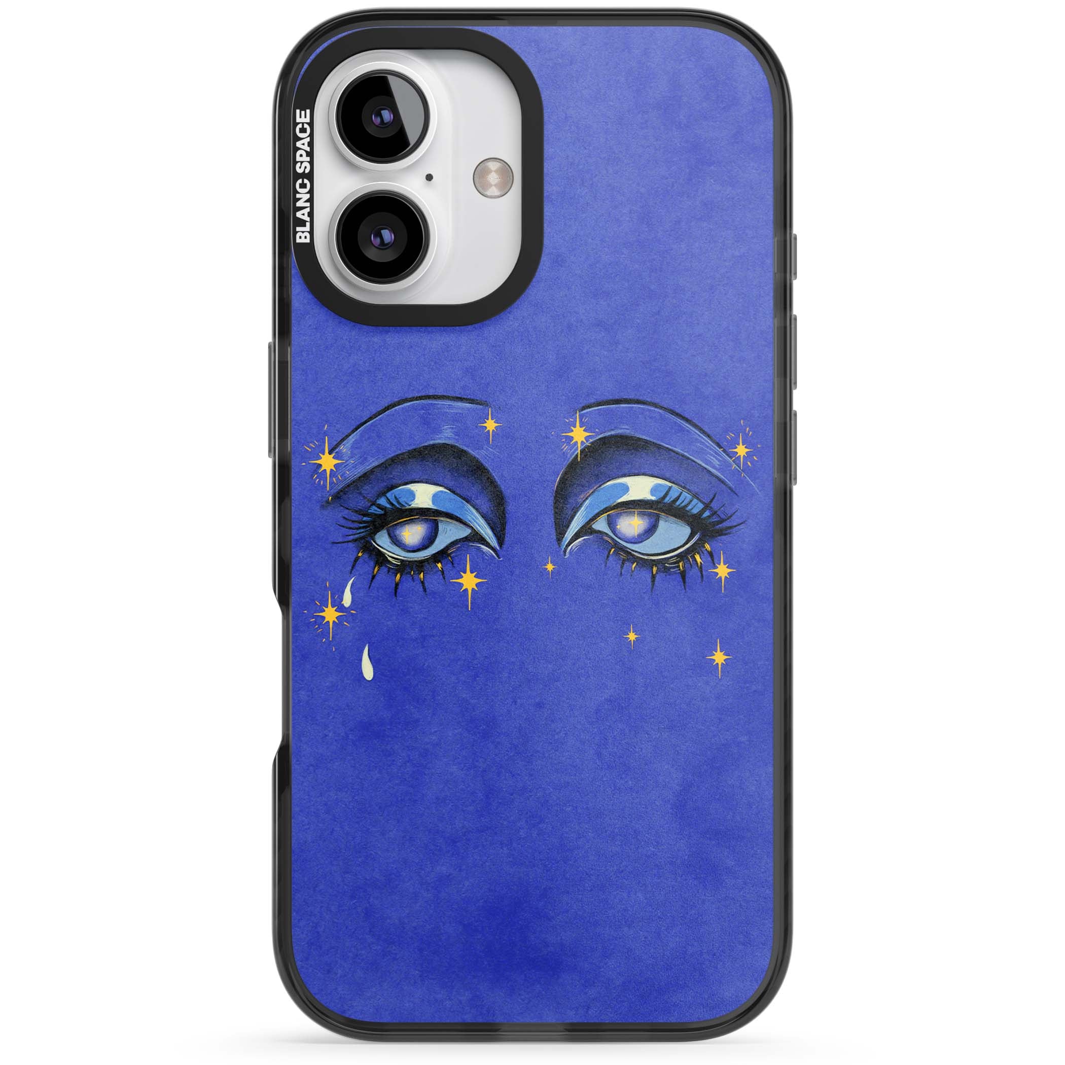 Blue Mystic Eyes celestial iPhone case featuring hand drawn blue mystical eyes, golden stars and a painted tear on indigo | Black Impact Magsafe case for iPhone 16, iPhone 16 Plus
