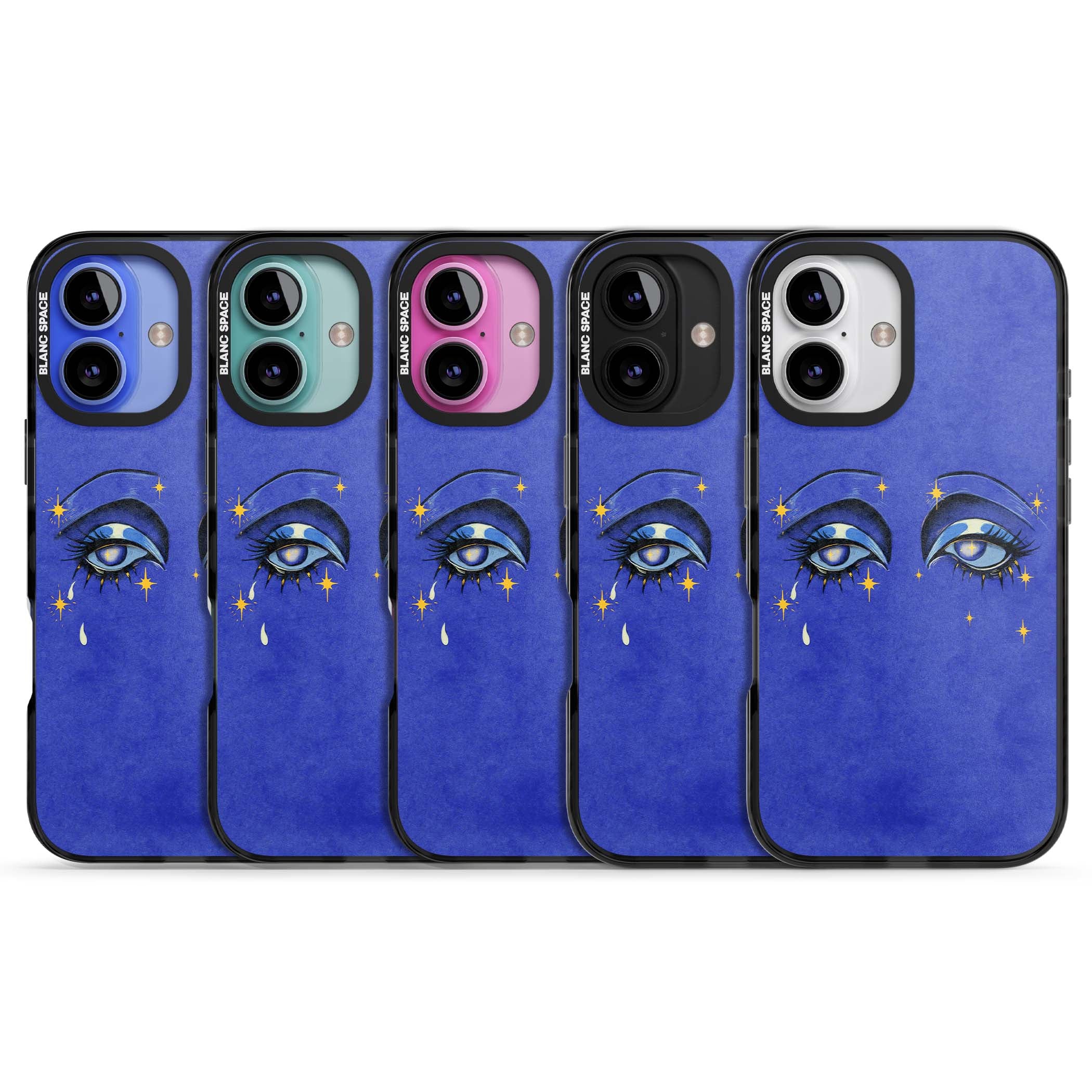 Blue Mystic Eyes celestial iPhone case featuring hand drawn blue mystical eyes, golden stars and a painted tear on indigo | Black Impact Magsafe case for iPhone 16, iPhone 16 Plus