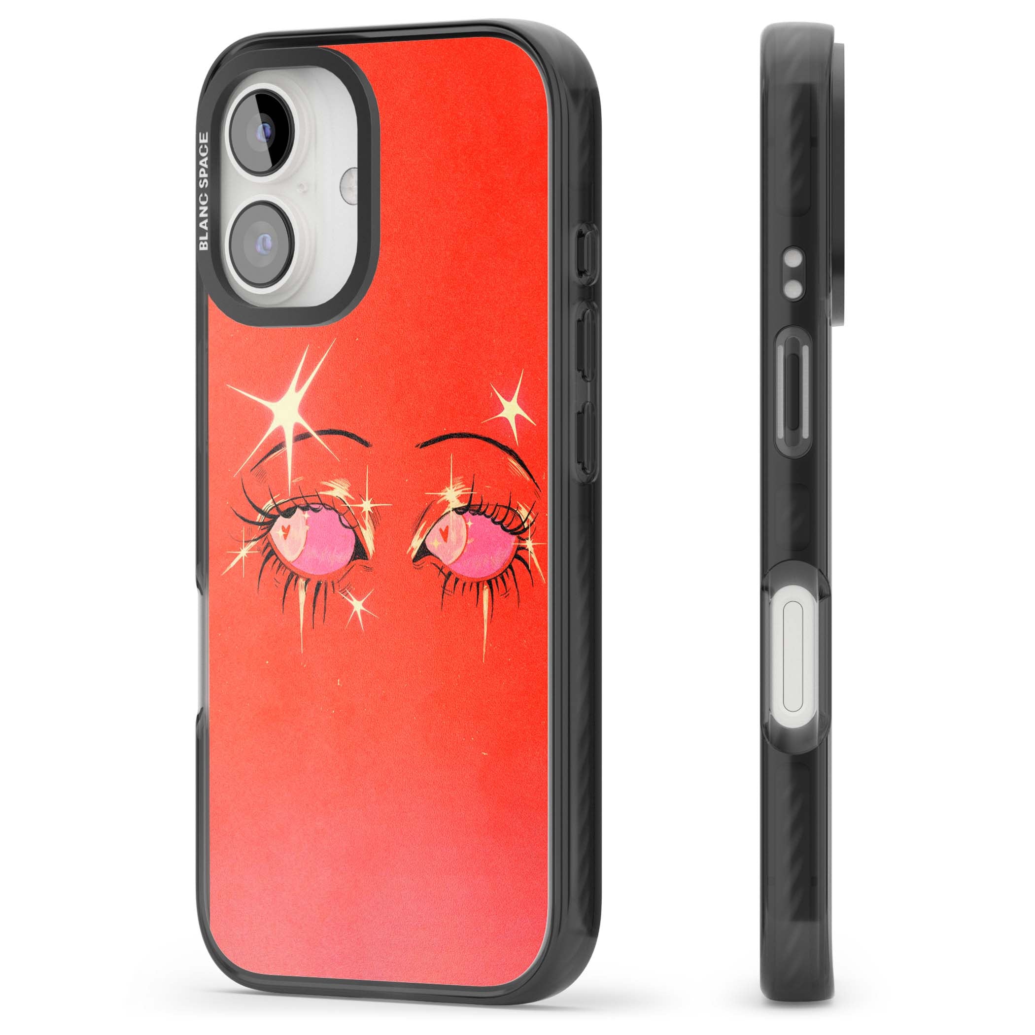Pink Ethereal Eyes anime iPhone case featuring hand-drawn sparkly eyes with pink hearts and gold stars on red | Black Impact Magsafe case for iPhone 16, iPhone 16 Plus