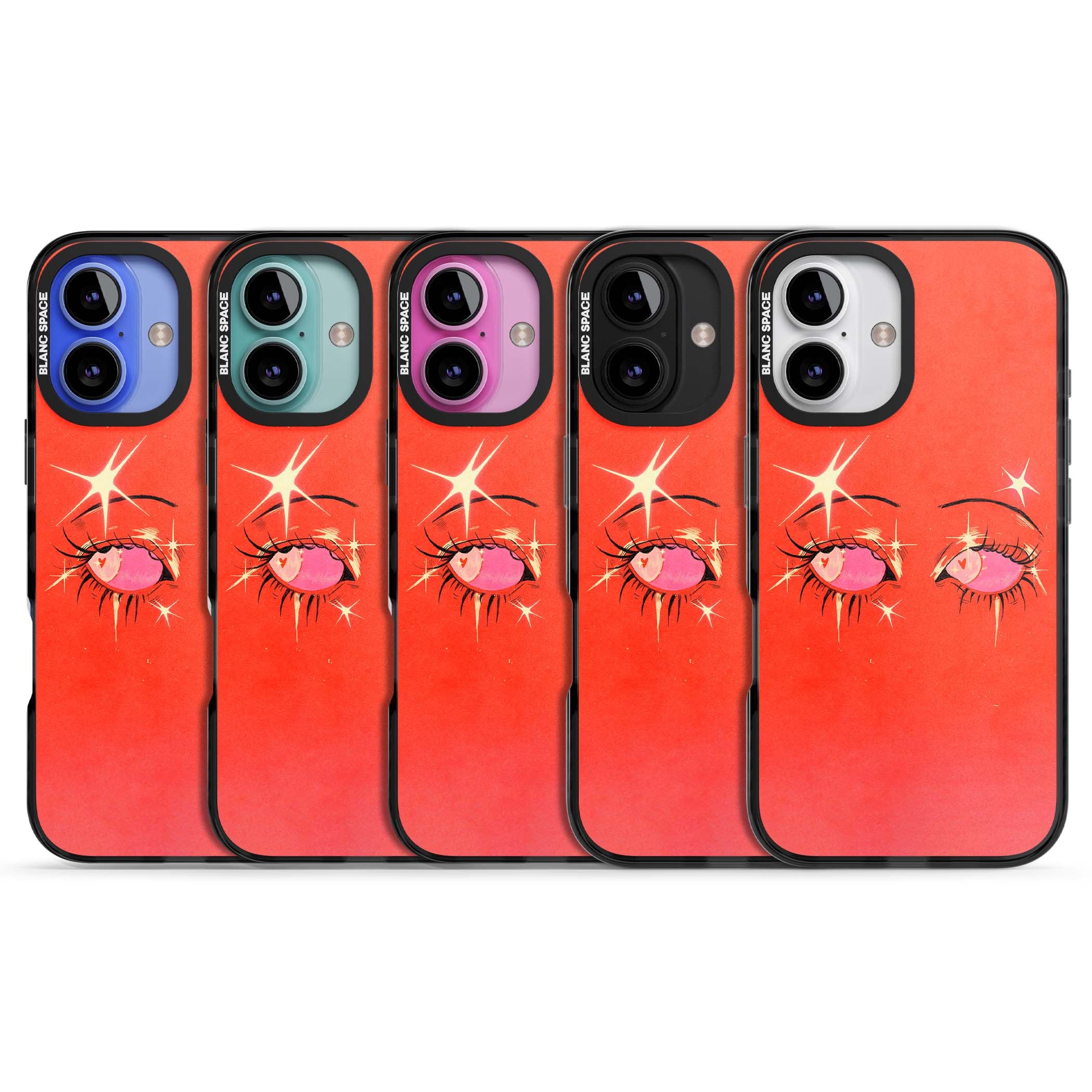 Pink Ethereal Eyes anime iPhone case featuring hand-drawn sparkly eyes with pink hearts and gold stars on red | Black Impact Magsafe case for iPhone 16, iPhone 16 Plus