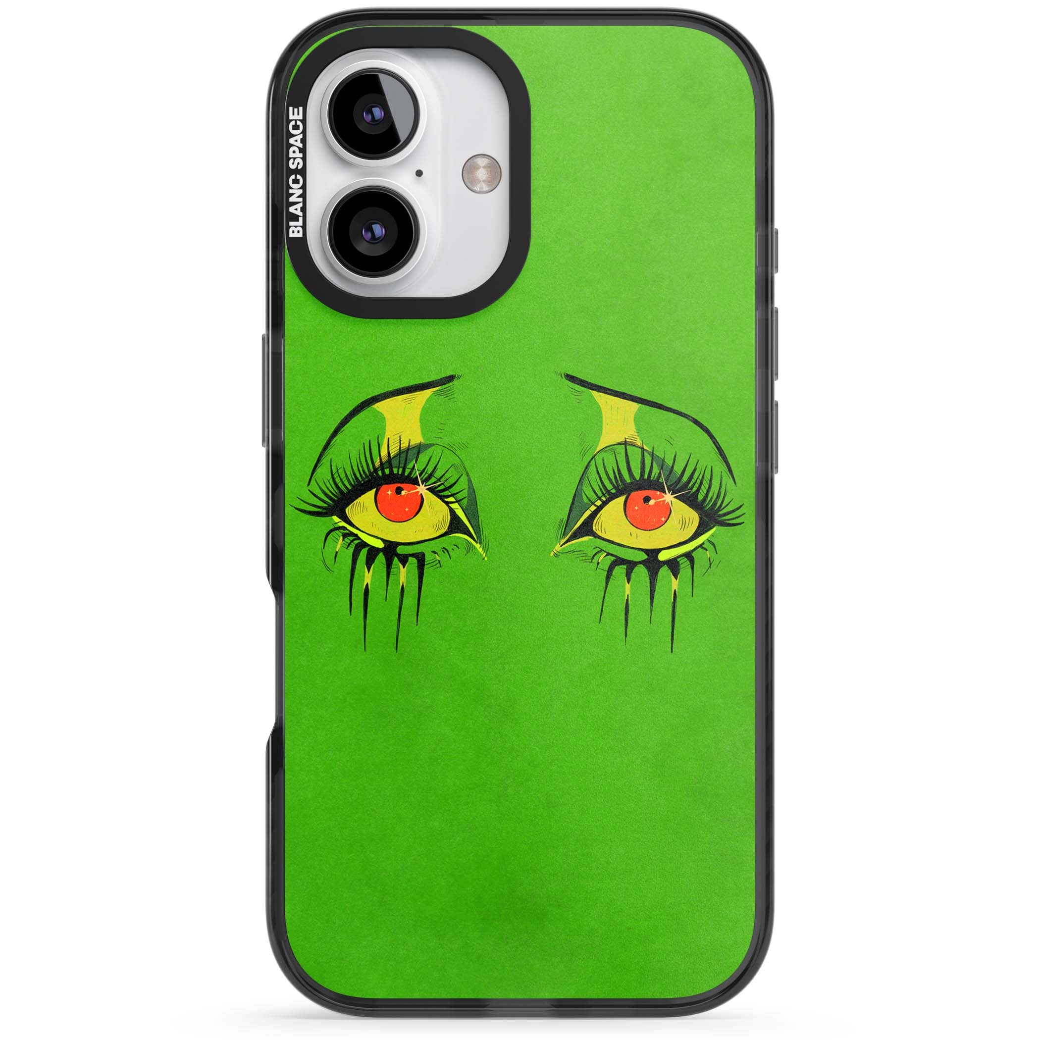 Green Enchanted Eyes psychedelic art iPhone case featuring hand-drawn dripping eyes on neon green background | Black Impact Magsafe case for iPhone 16, iPhone 16 Plus