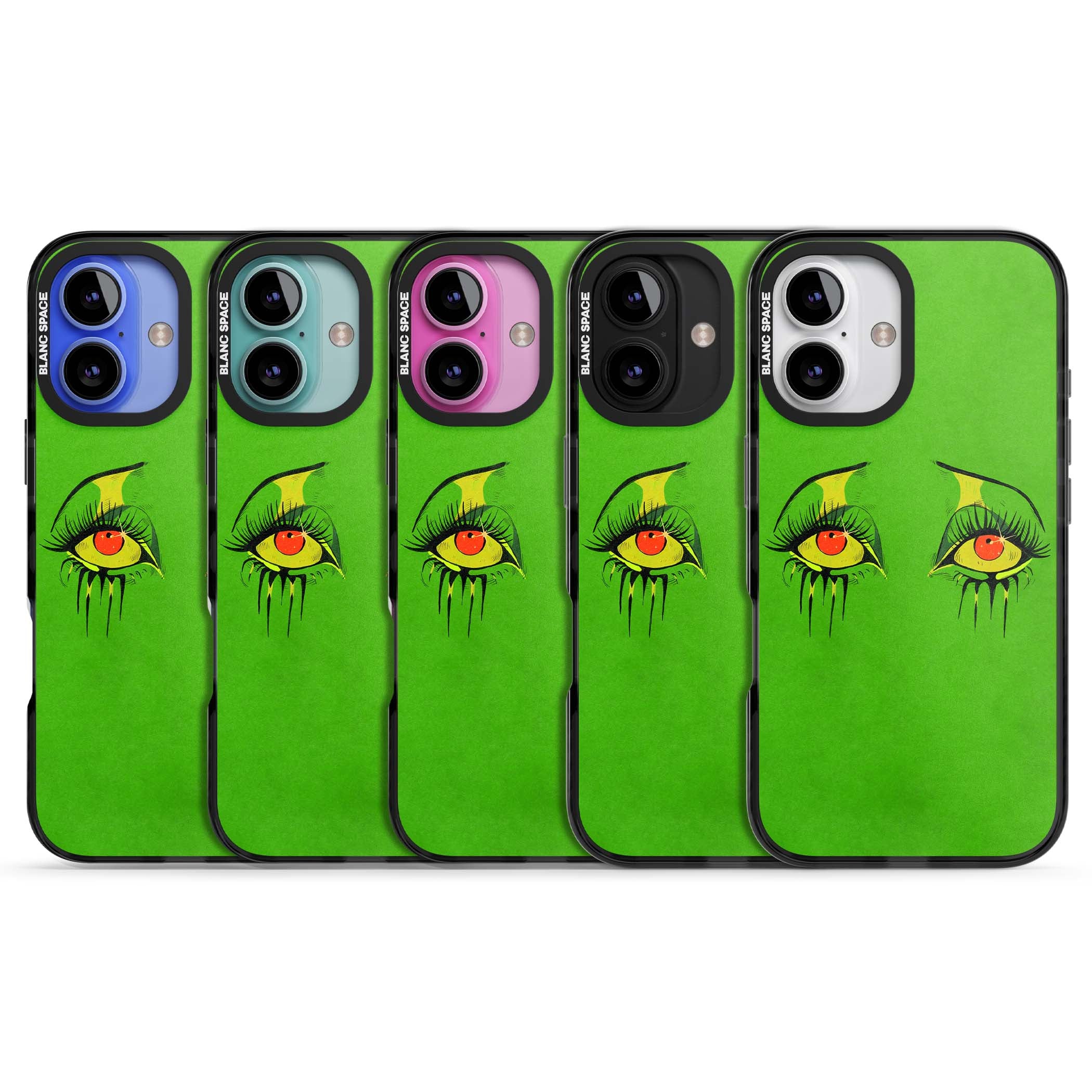 Green Enchanted Eyes psychedelic art iPhone case featuring hand-drawn dripping eyes on neon green background | Black Impact Magsafe case for iPhone 16, iPhone 16 Plus