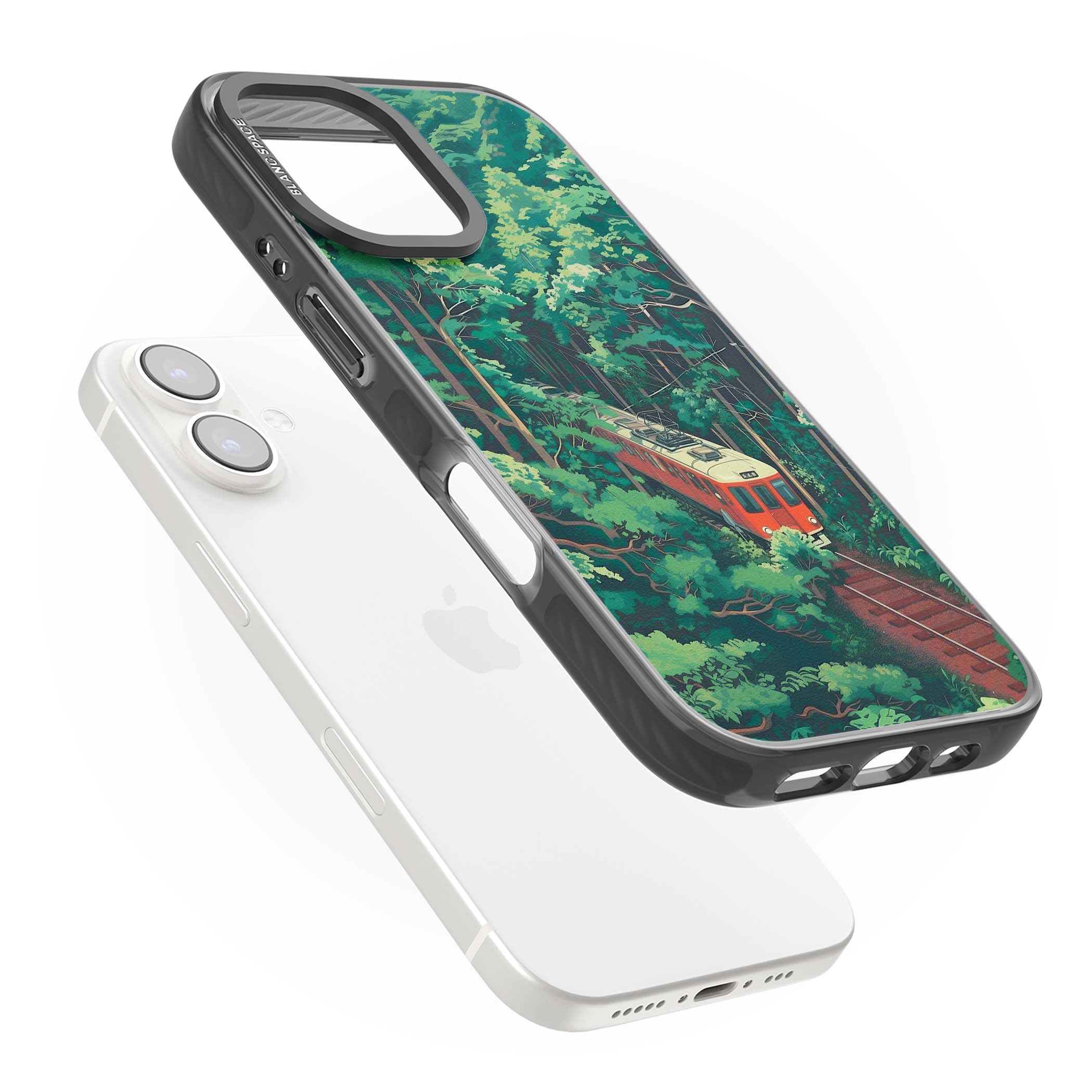 Railway In Toyama Japanese iPhone case featuring a red train, cedar forest and winding mountain railway tracks | Black Impact Magsafe case for iPhone 16, iPhone 16 Plus