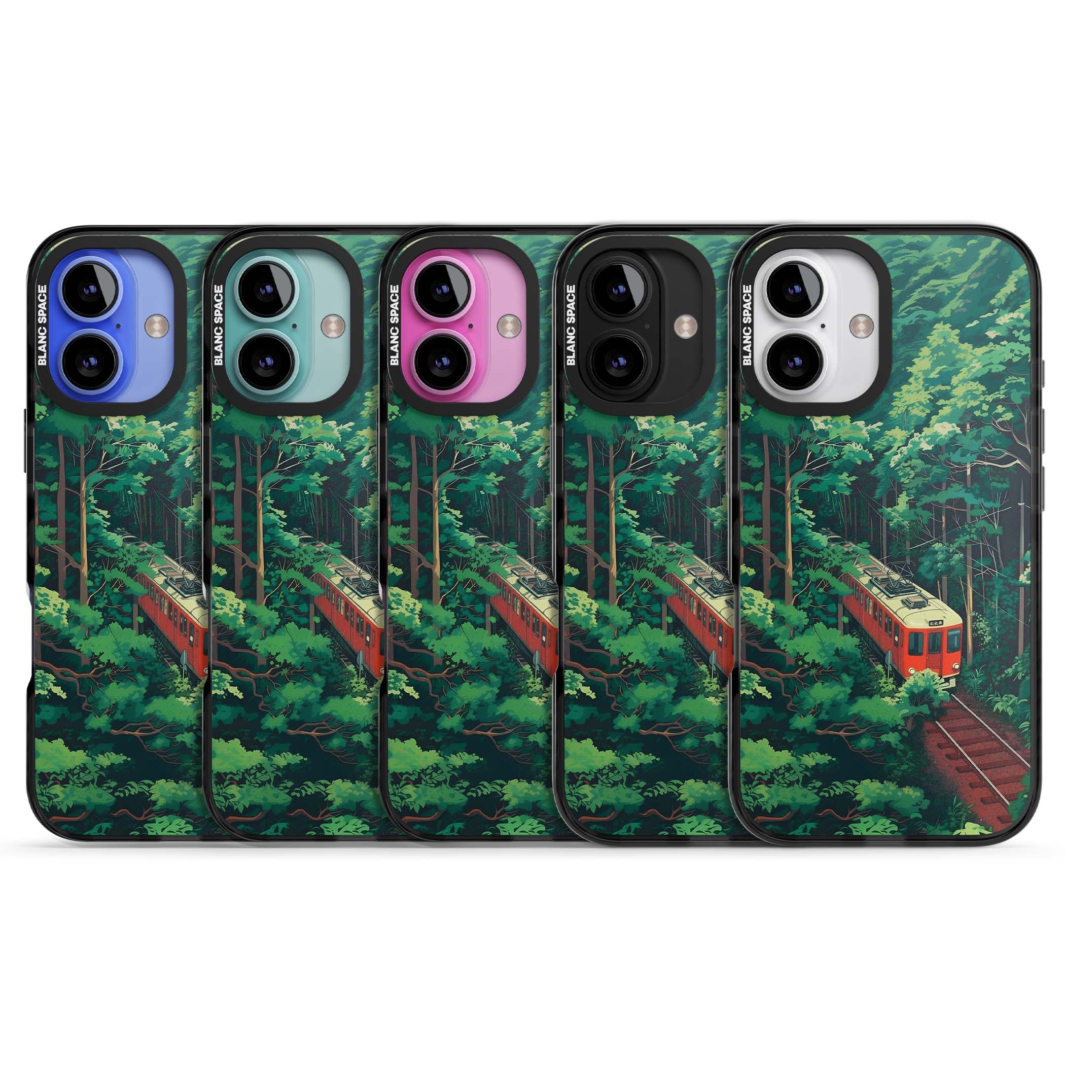 Railway In Toyama Japanese iPhone case featuring a red train, cedar forest and winding mountain railway tracks | Black Impact Magsafe case for iPhone 16, iPhone 16 Plus