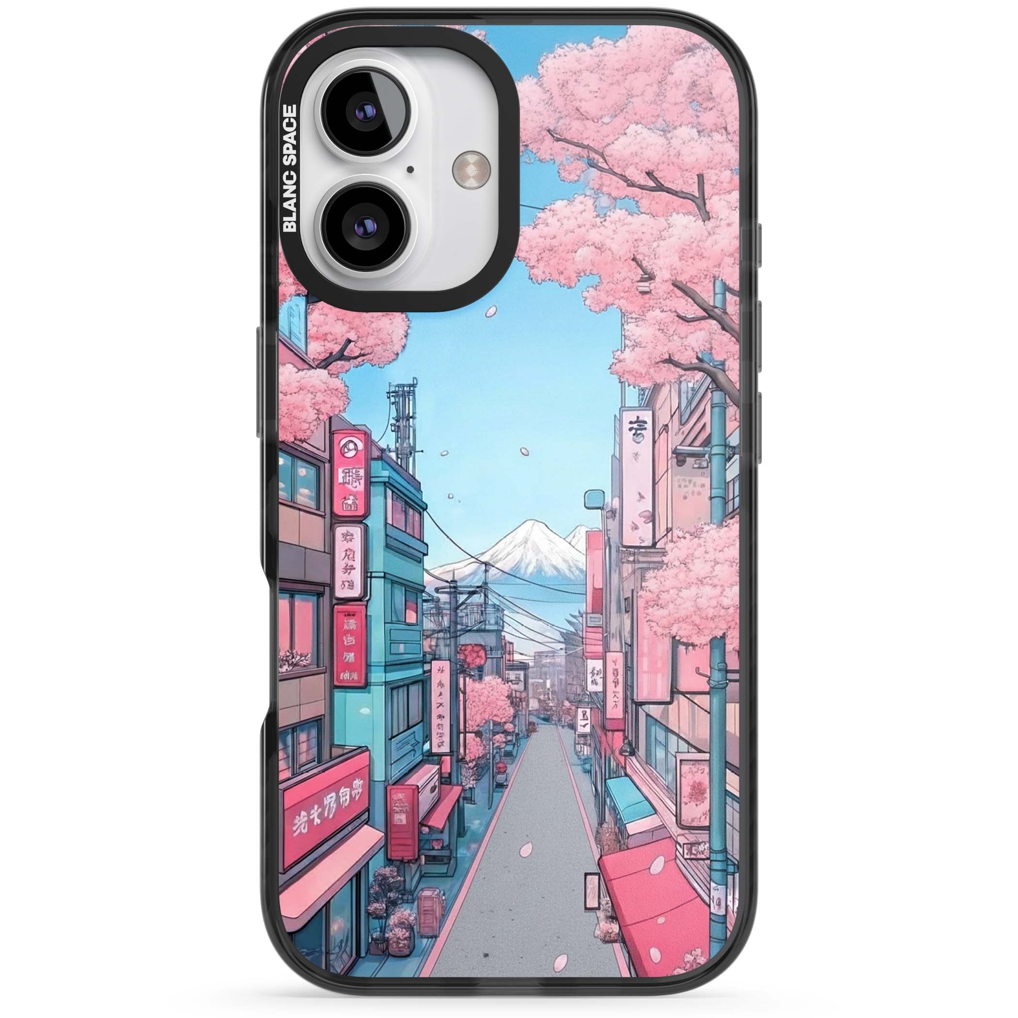 Sakura Lane anime iPhone case featuring Tokyo street scene with cherry blossoms and Mount Fuji | Black Impact Magsafe case for iPhone 16, iPhone 16 Plus