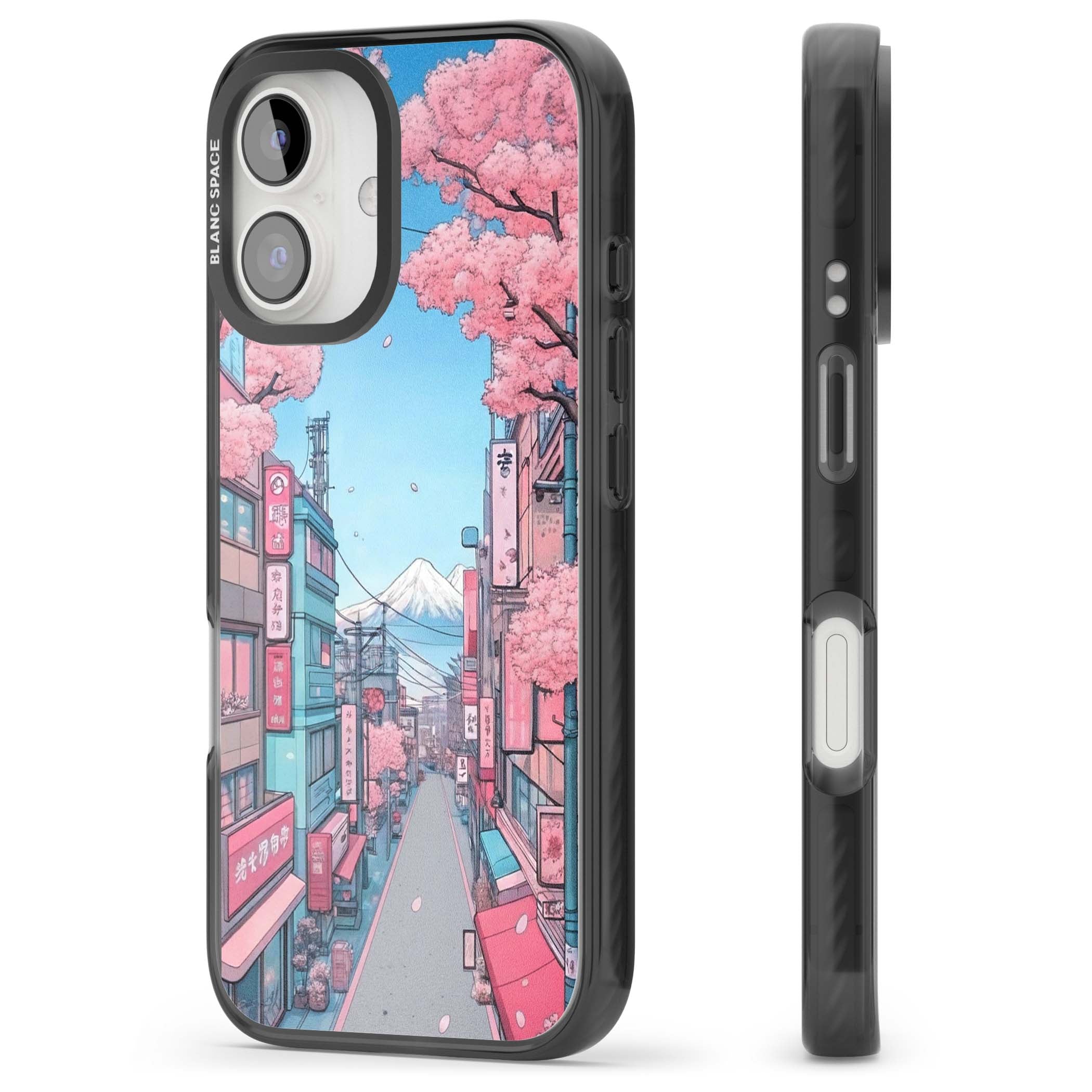 Sakura Lane anime iPhone case featuring Tokyo street scene with cherry blossoms and Mount Fuji | Black Impact Magsafe case for iPhone 16, iPhone 16 Plus