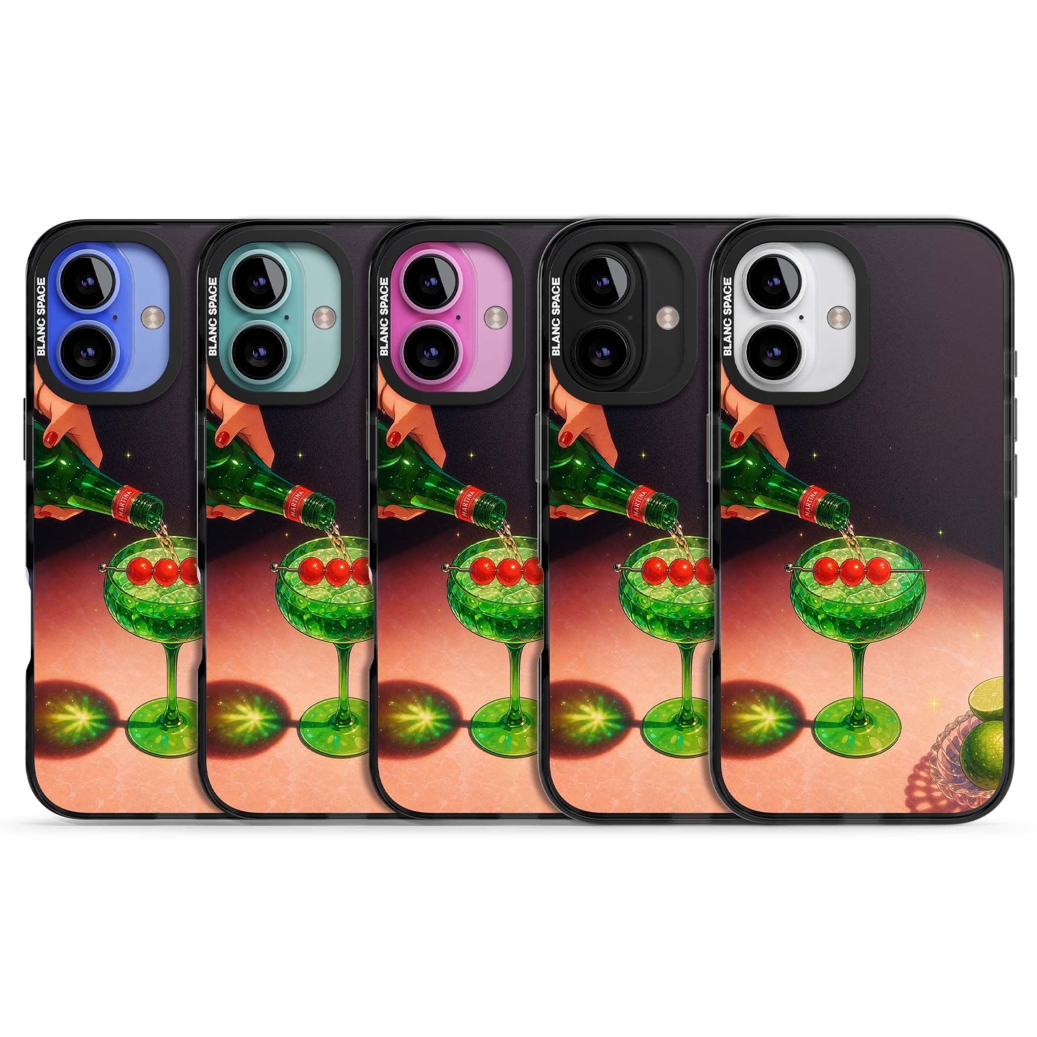Absinthe Hour cocktail iPhone case featuring a green coupe glass, cherry garnish and vintage bottle pour illustration | Black Impact Magsafe case for iPhone 16, iPhone 16 Plus