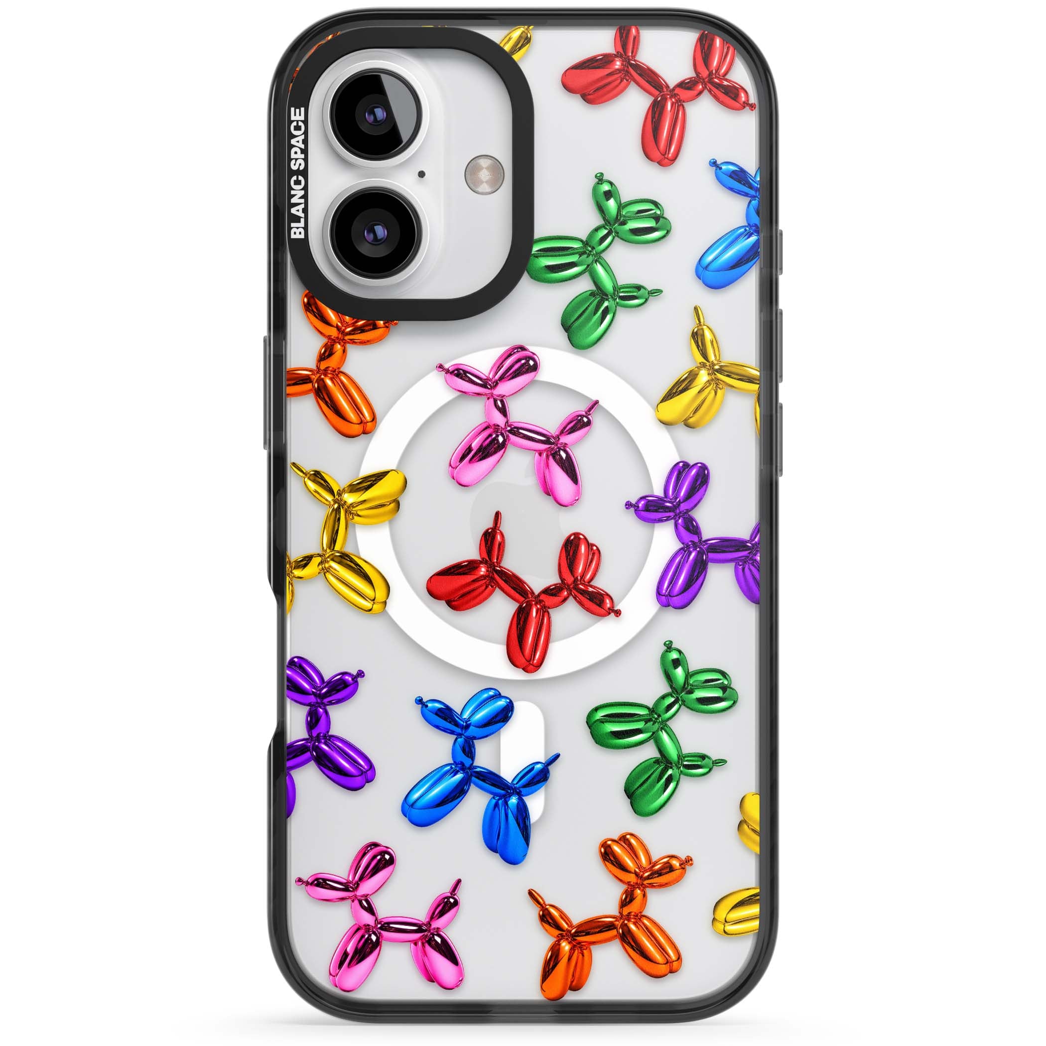 Balloon Dogs pop art iPhone case featuring rainbow chrome balloon dogs in Jeff Koons style | Black Impact Magsafe case for iPhone 16, iPhone 16 Plus