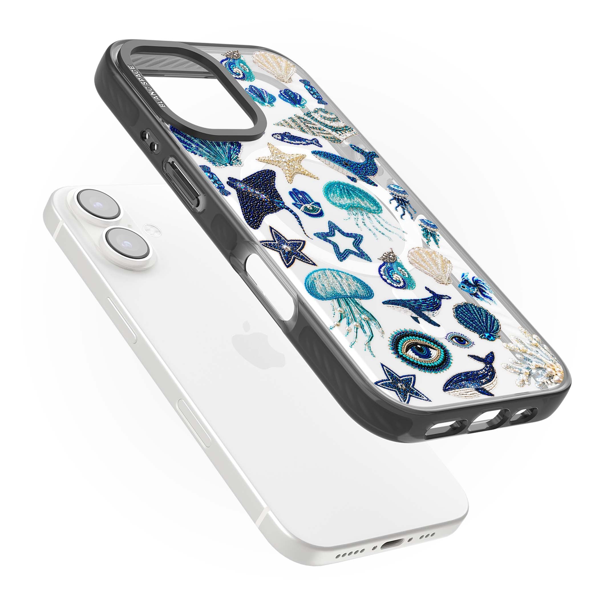 Beaded Coastal coastal iPhone case featuring embroidered seashells, jellyfish and a blue whale on clear | Black Impact Magsafe case for iPhone 16, iPhone 16 Plus