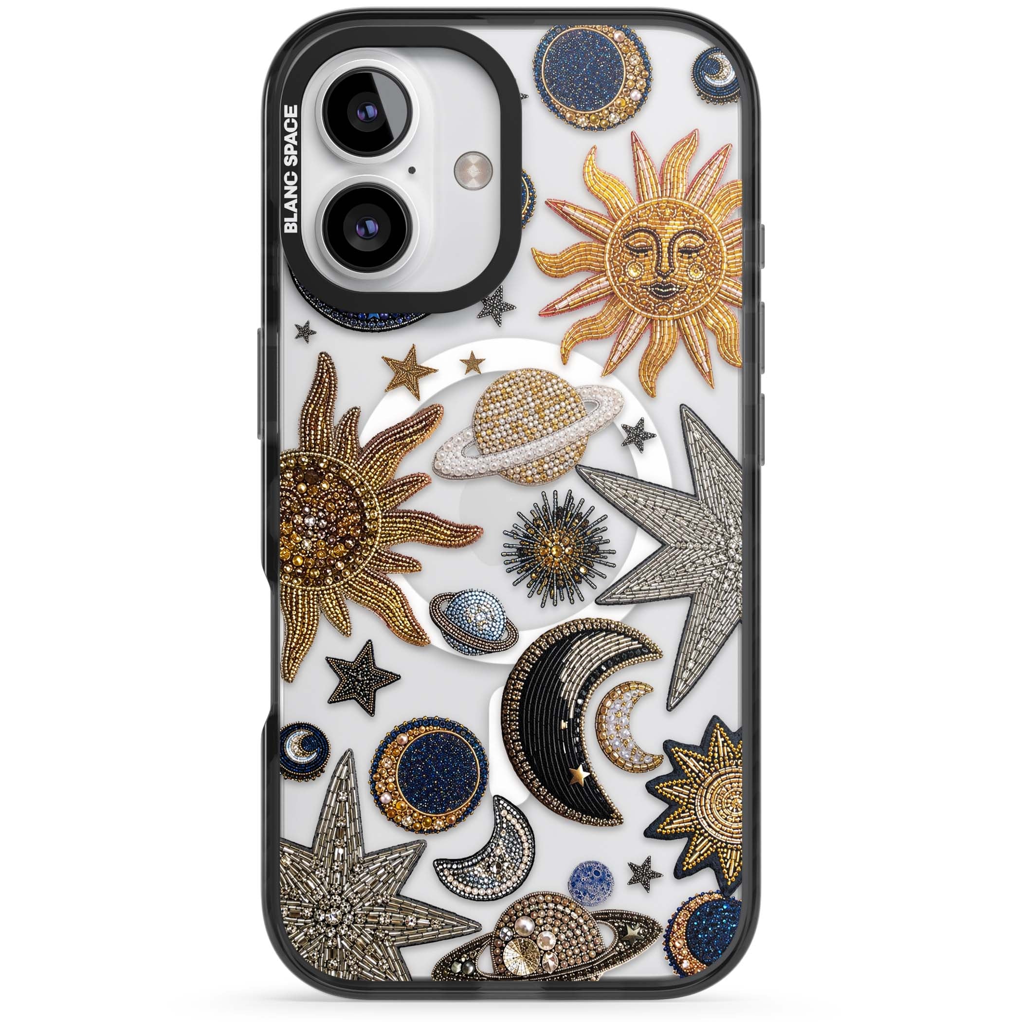 Beaded Cosmos celestial iPhone case featuring embroidered golden suns, beaded planets and silver shooting stars | Black Impact Magsafe case for iPhone 16, iPhone 16 Plus