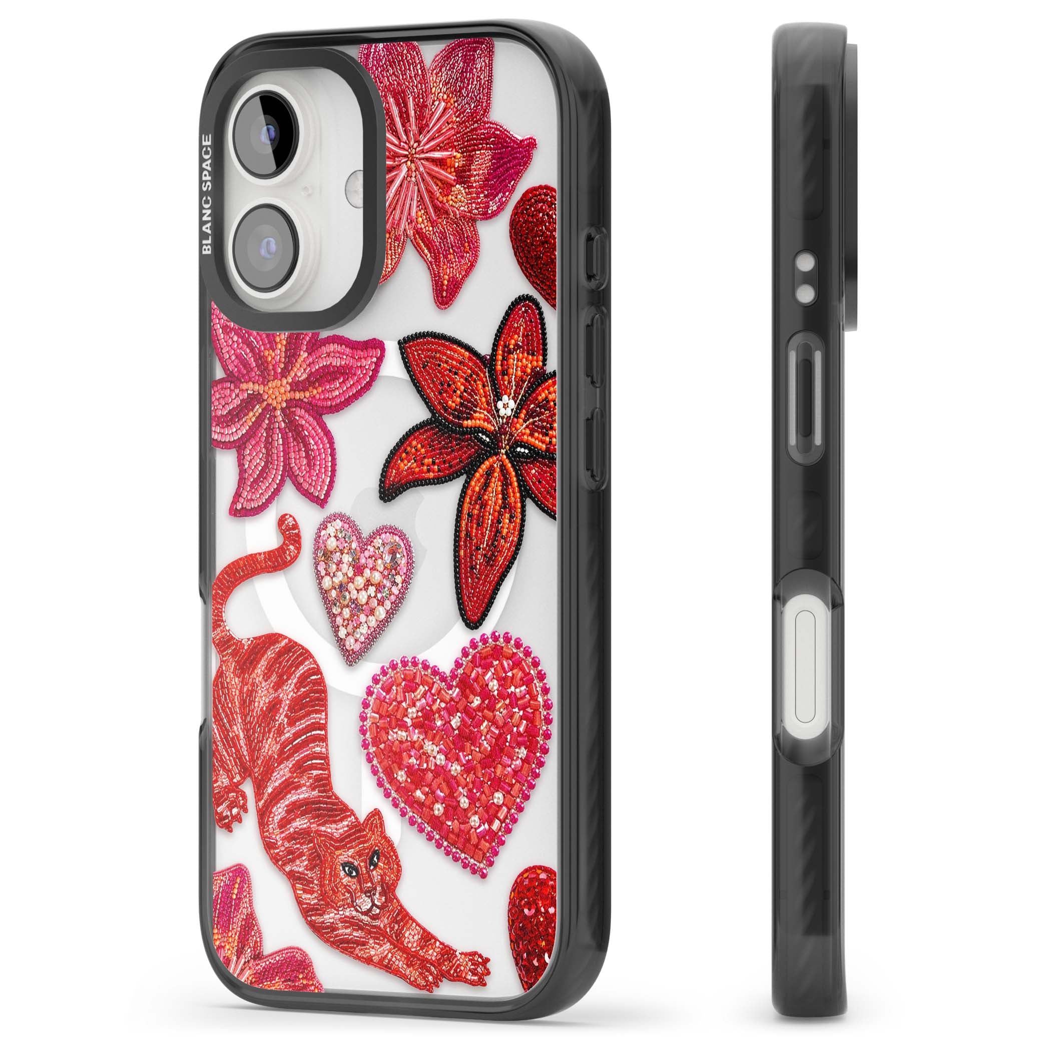 Beaded Boho floral iPhone case featuring beaded red lilies, a stitched tiger, and pearl-encrusted hearts on clear | Black Impact Magsafe case for iPhone 16, iPhone 16 Plus