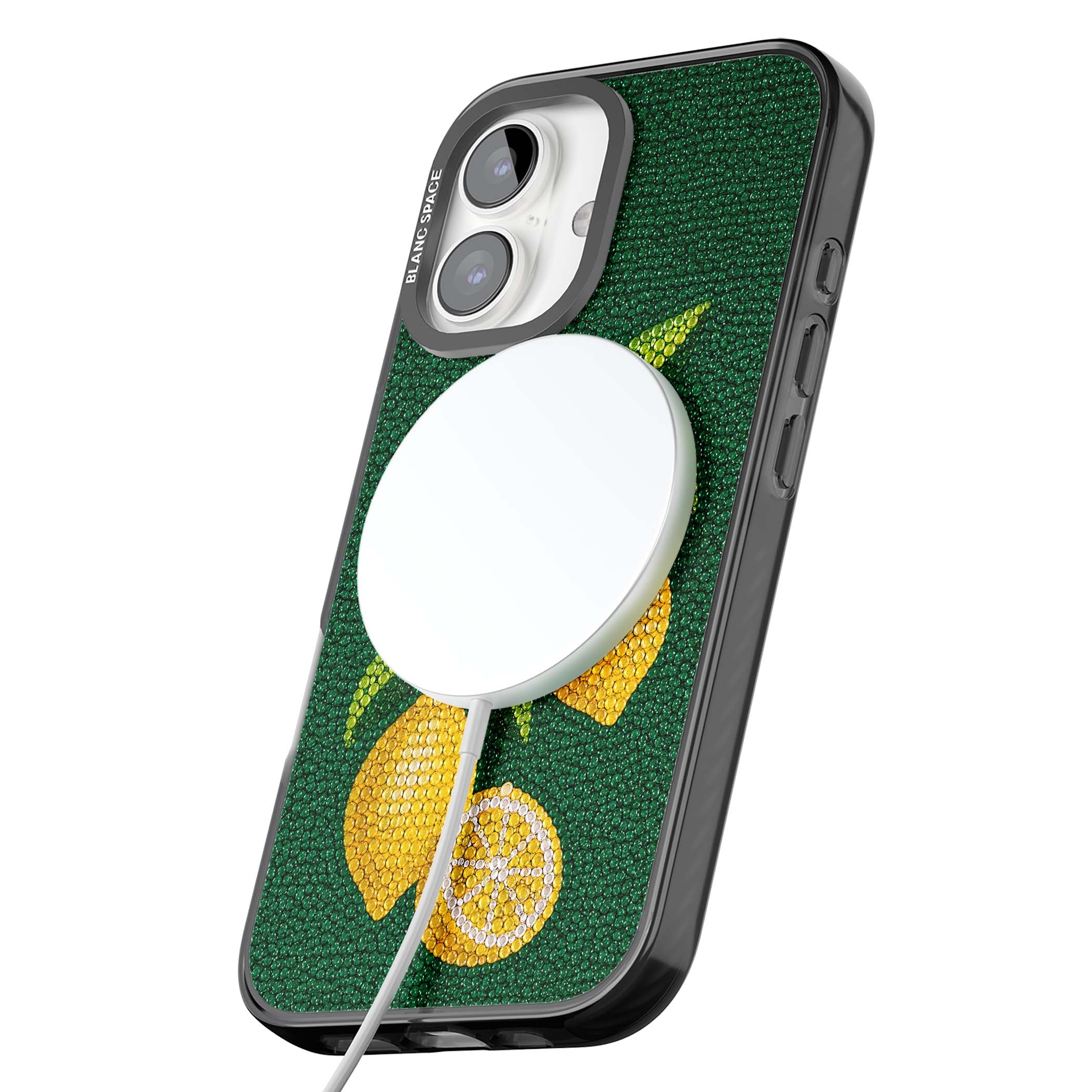 Beaded Lemons coastal iPhone case featuring crystal-beaded lemons, citrus blossom and green leaves on emerald ground | Black Impact Magsafe case for iPhone 16, iPhone 16 Plus