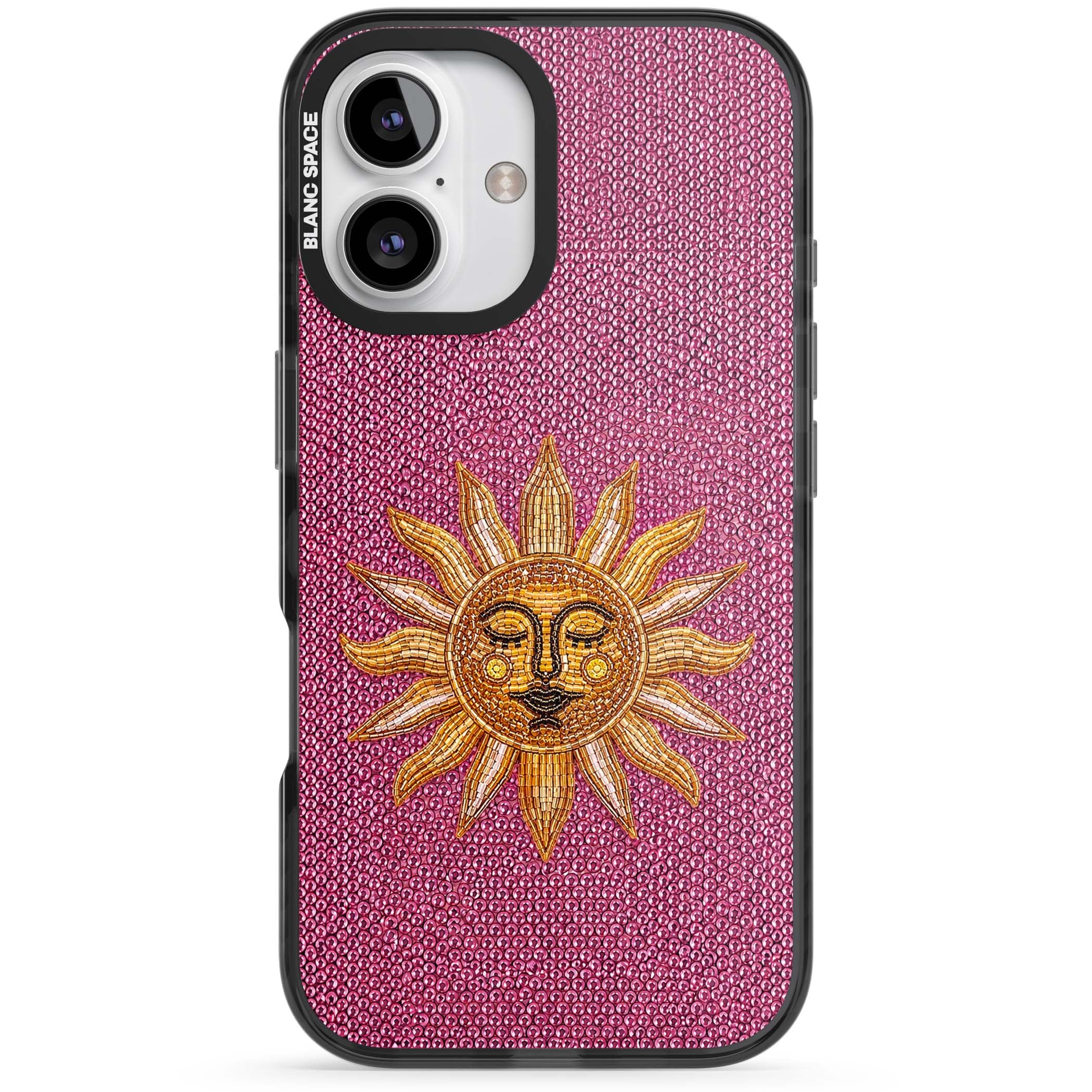 Beaded Sun celestial iPhone case featuring a golden beaded sun face with radiant rays on hot pink beaded background | Black Impact Magsafe case for iPhone 16, iPhone 16 Plus