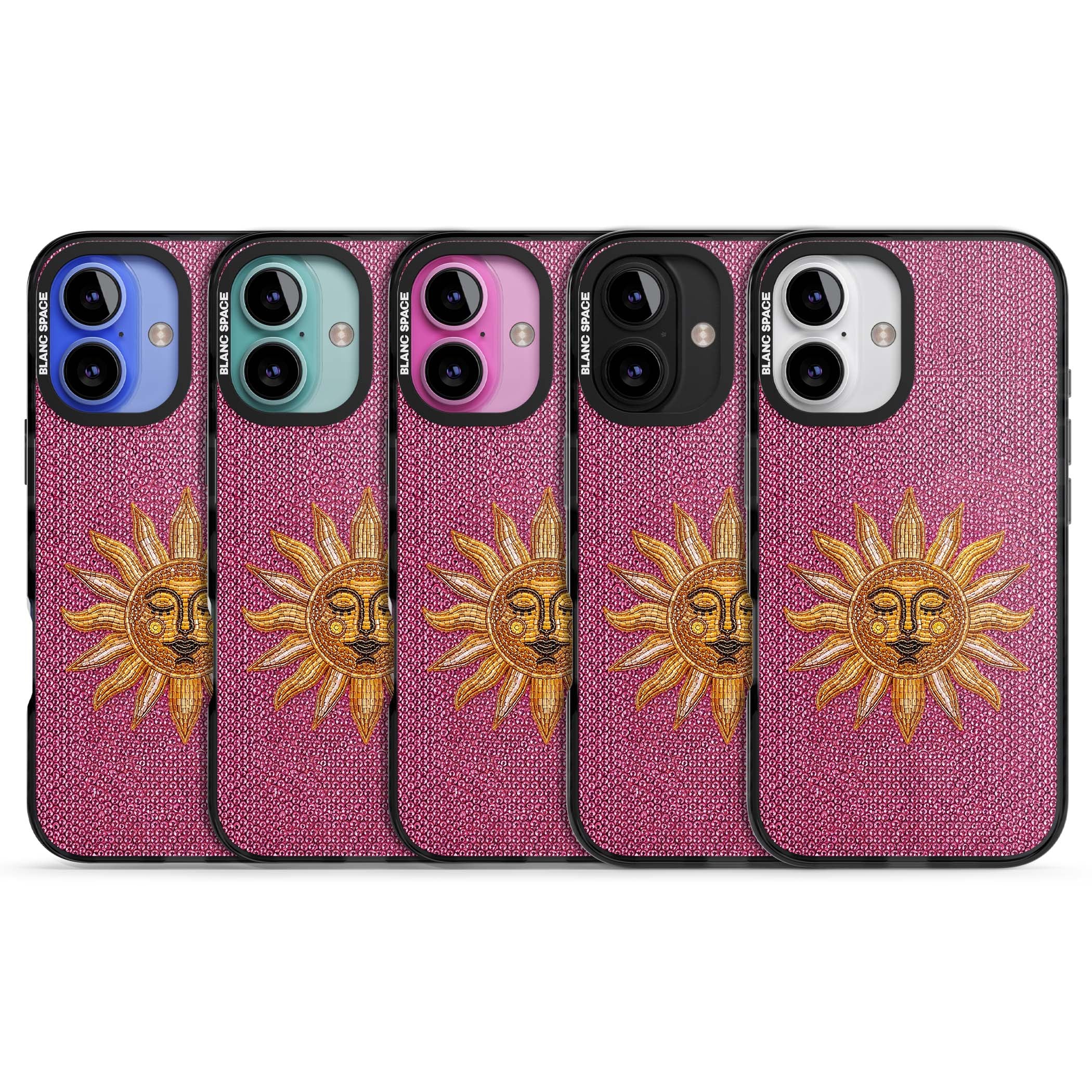 Beaded Sun celestial iPhone case featuring a golden beaded sun face with radiant rays on hot pink beaded background | Black Impact Magsafe case for iPhone 16, iPhone 16 Plus