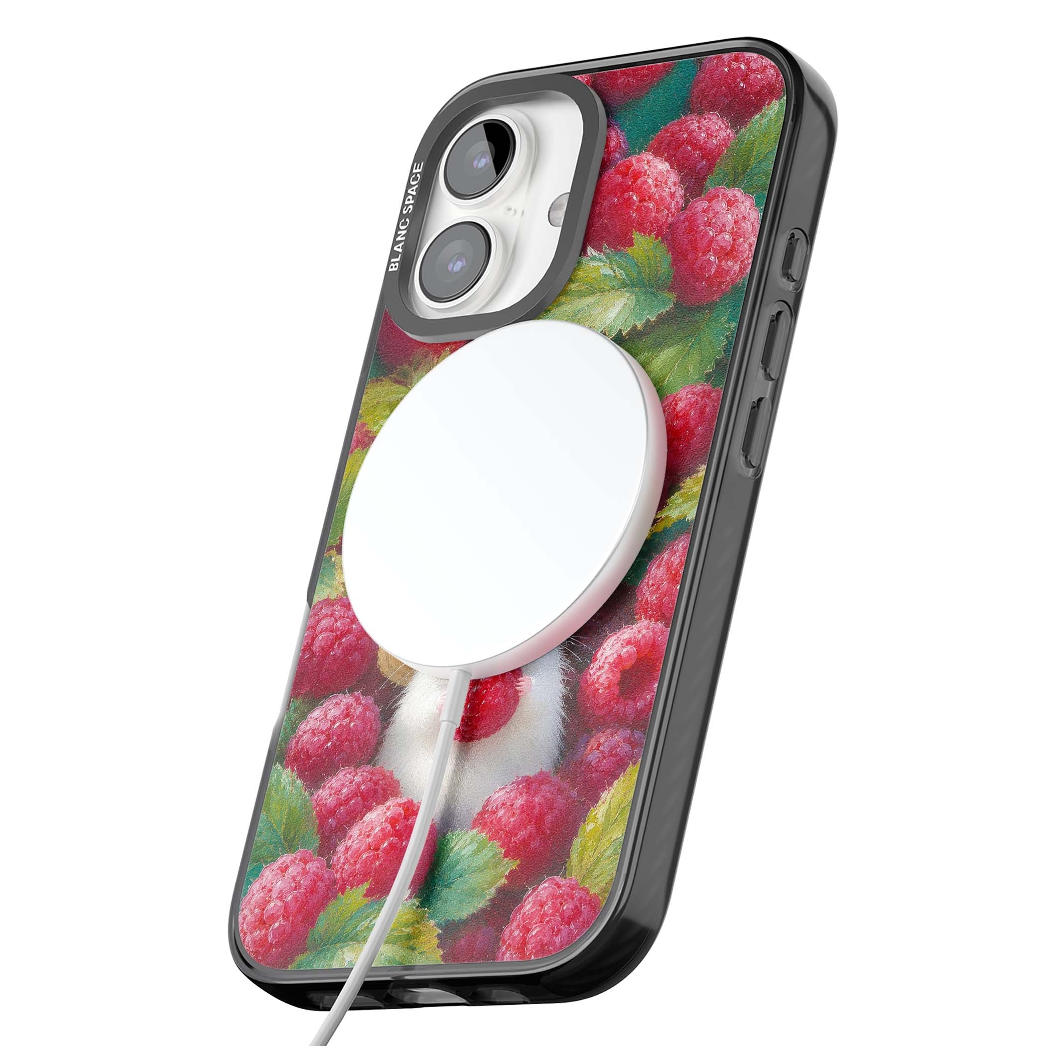 Berry Forager cottagecore iPhone case featuring a white hamster in a straw hat holding a raspberry surrounded by ripe ber | Black Impact Magsafe case for iPhone 16, iPhone 16 Plus
