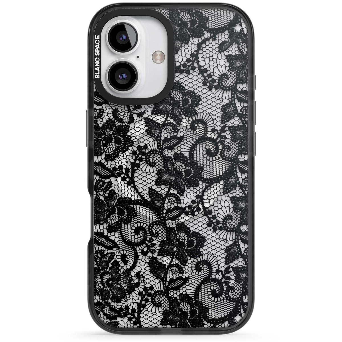 Black Lace gothic iPhone case featuring intricate black floral lace pattern with vintage whimsigoth detail | Black Impact Magsafe case for iPhone 16, iPhone 16 Plus