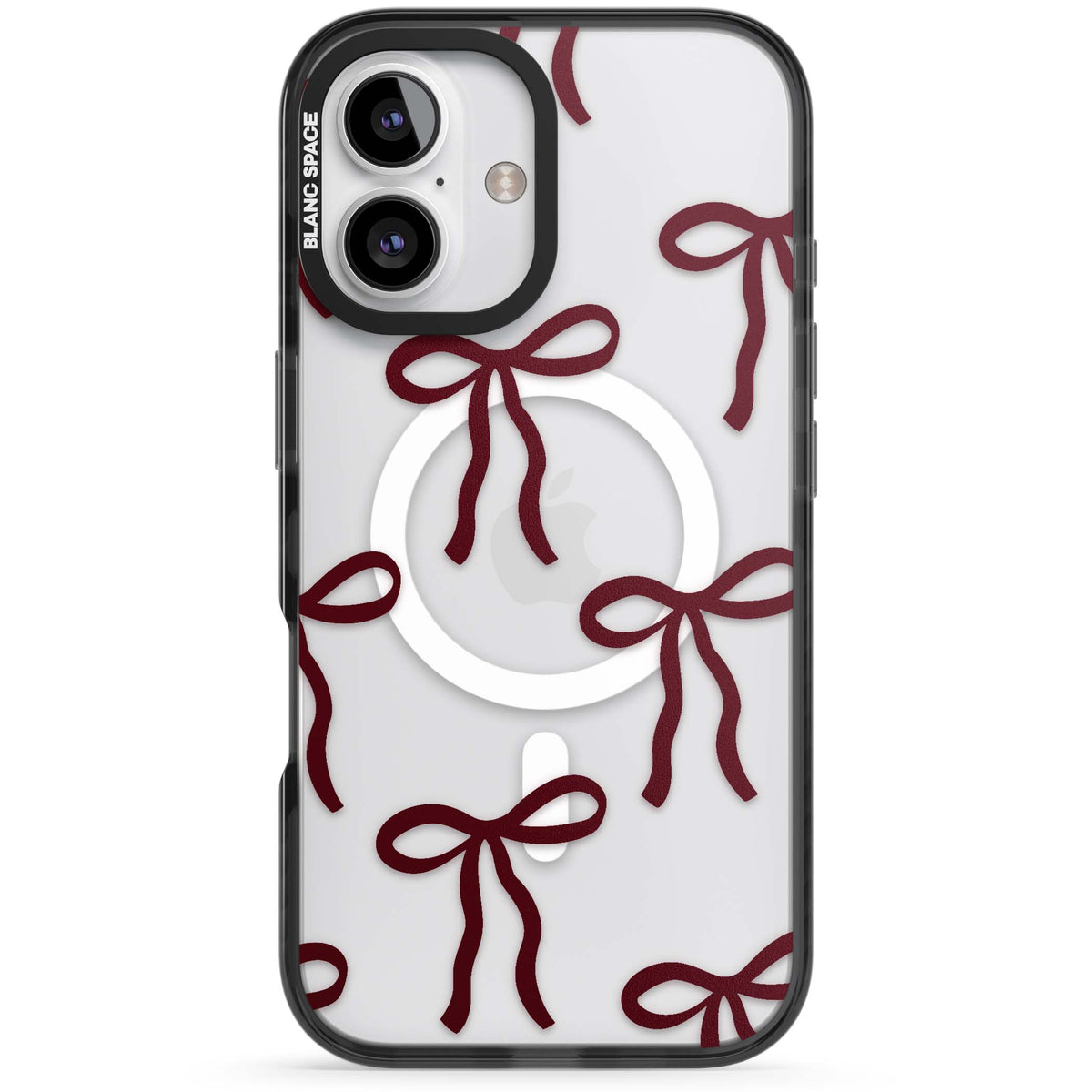Burgundy Bows coquette iPhone case featuring hand-drawn burgundy red bows on a clear background | Black Impact Magsafe case for iPhone 16, iPhone 16 Plus