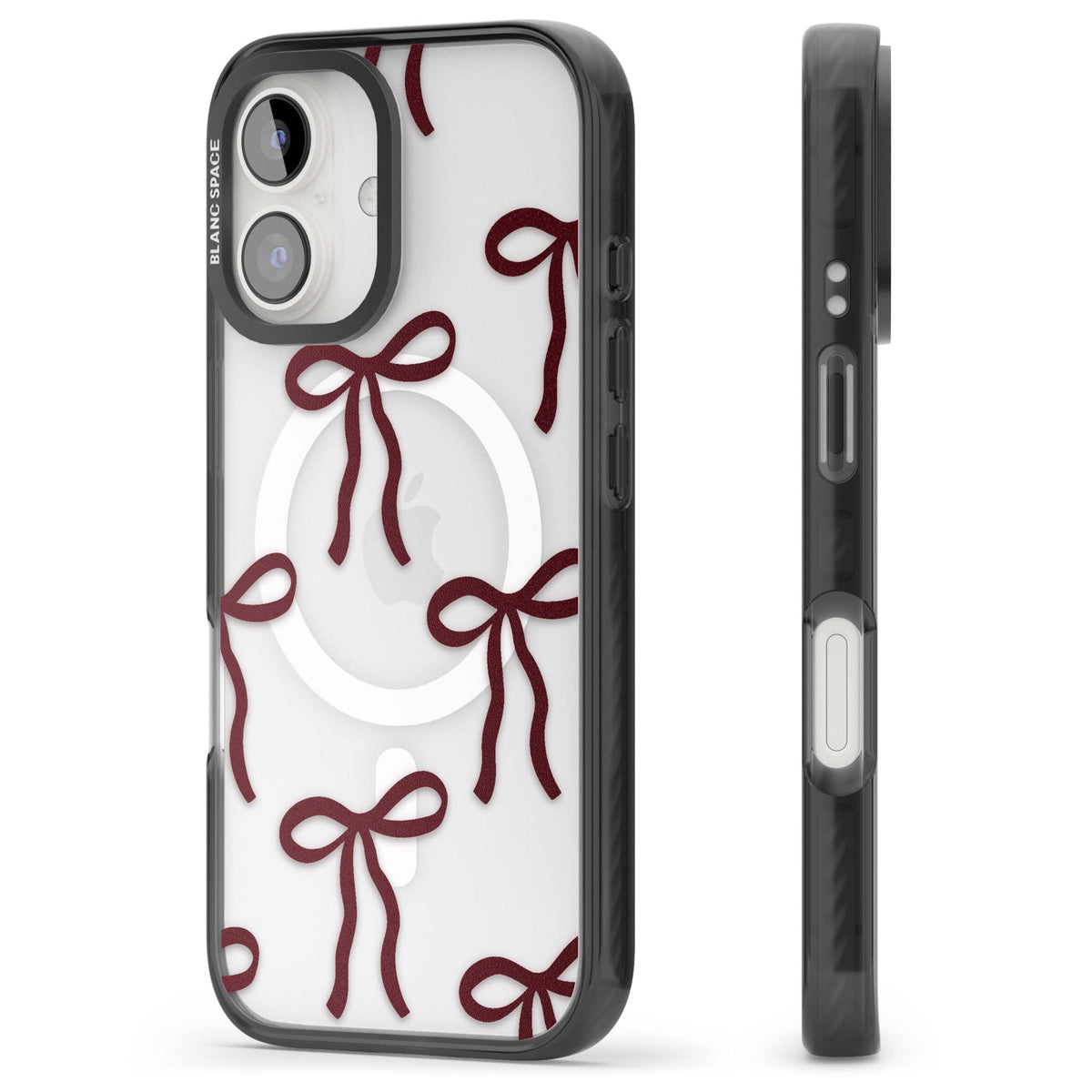 Burgundy Bows coquette iPhone case featuring hand-drawn burgundy red bows on a clear background | Black Impact Magsafe case for iPhone 16, iPhone 16 Plus