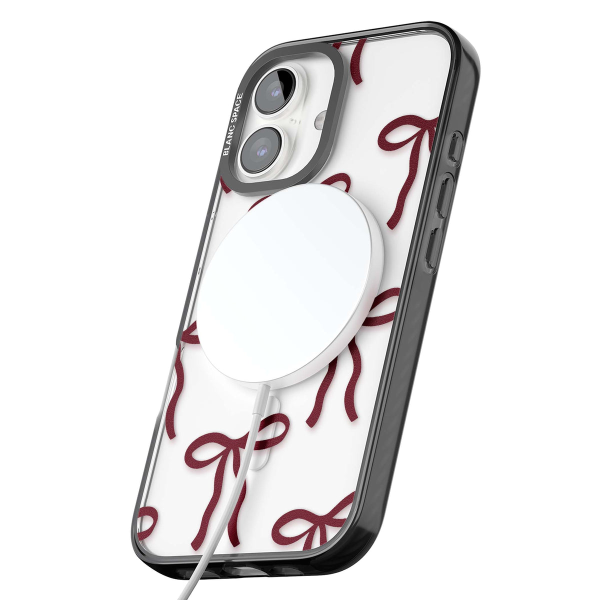 Burgundy Bows coquette iPhone case featuring hand-drawn burgundy red bows on a clear background | Black Impact Magsafe case for iPhone 16, iPhone 16 Plus