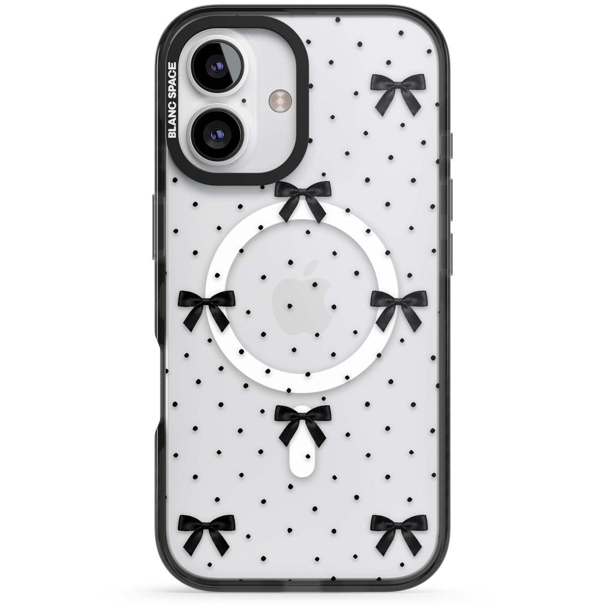 Black Polka Bows coquette iPhone case featuring scattered black satin bows and tiny polka dots on a clear base | Black Impact Magsafe case for iPhone 16, iPhone 16 Plus