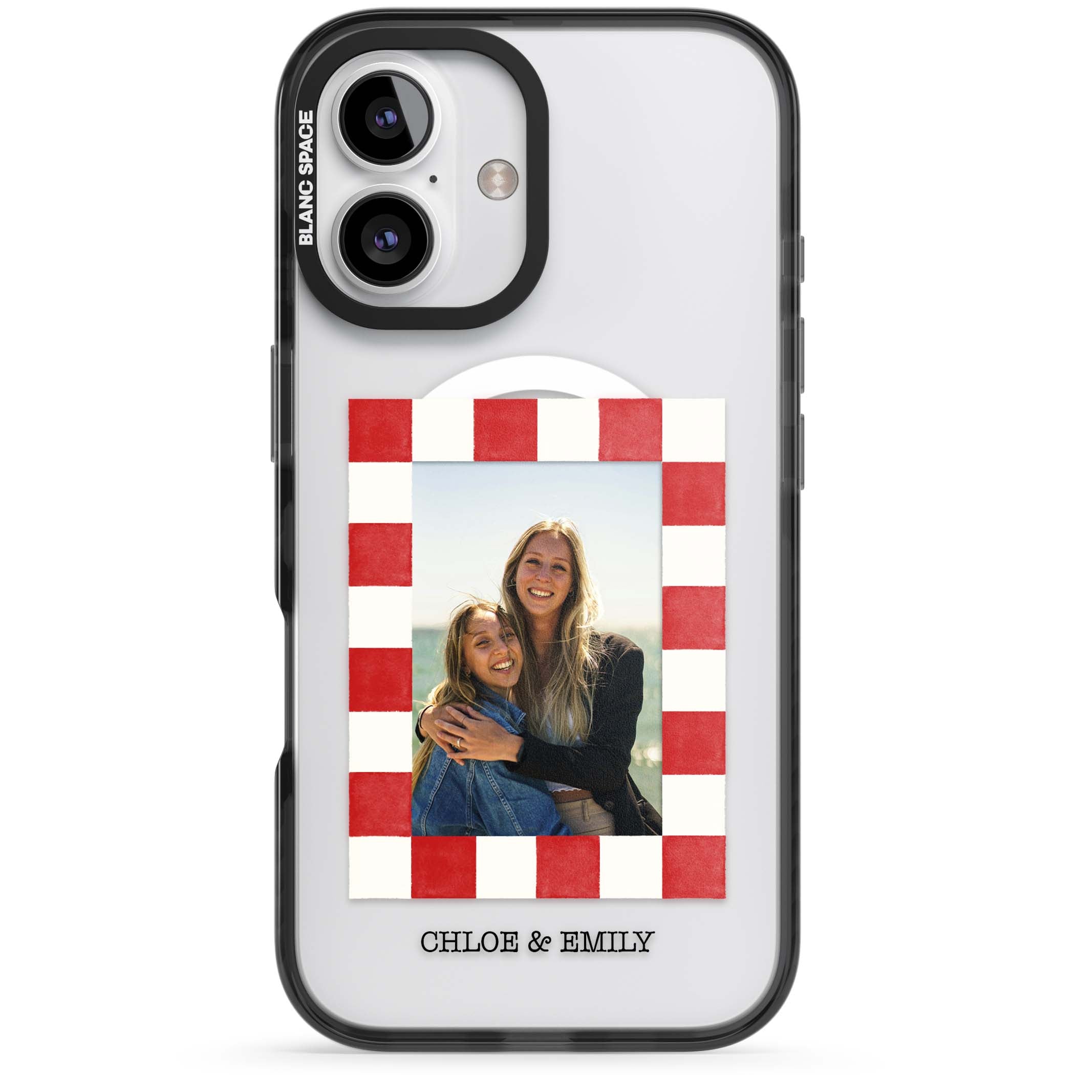Red Check Photo personalised photo iPhone case with red and white checkered polaroid frame and custom couple name | Black Impact Magsafe case for iPhone 16, iPhone 16 Plus