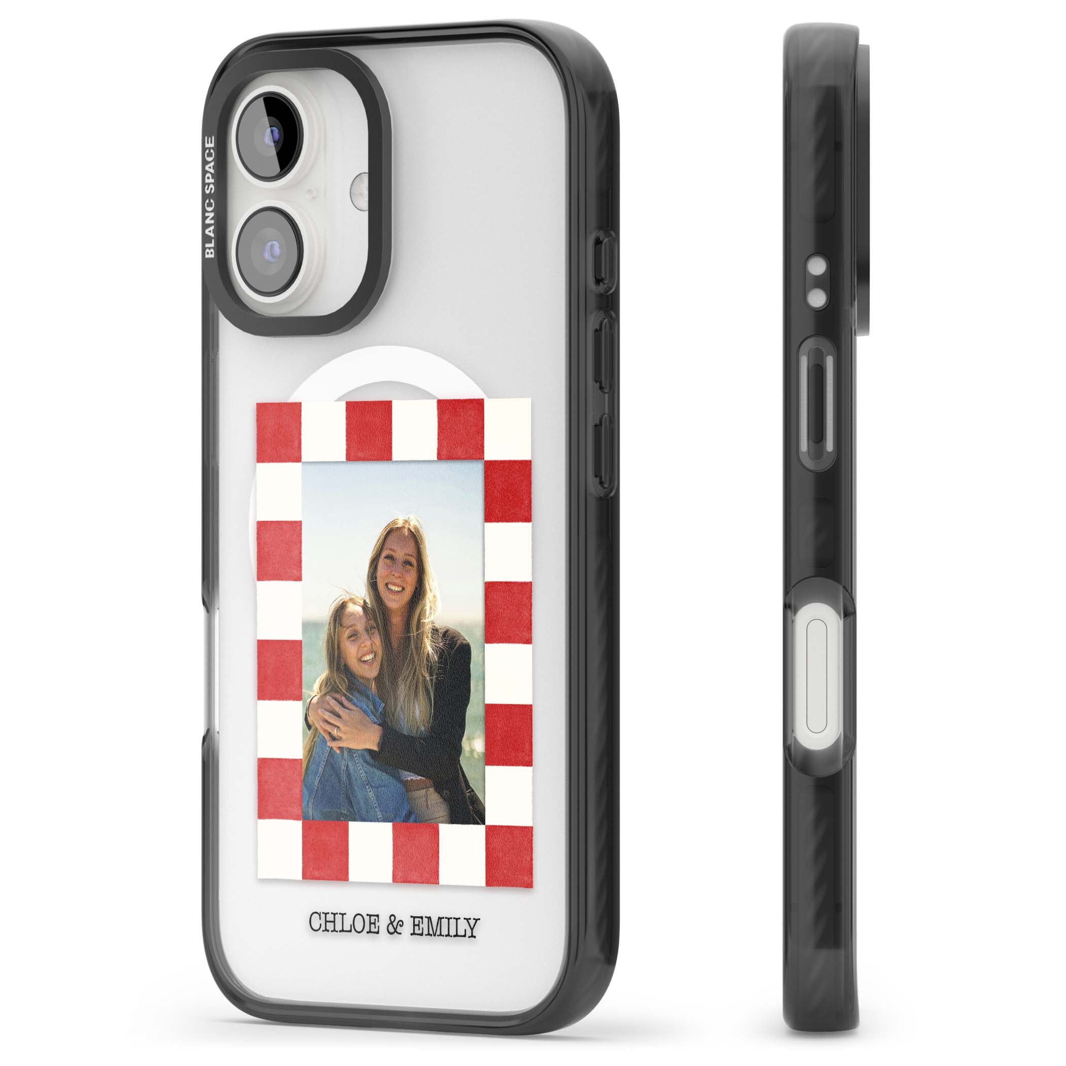 Red Check Photo personalised photo iPhone case with red and white checkered polaroid frame and custom couple name | Black Impact Magsafe case for iPhone 16, iPhone 16 Plus