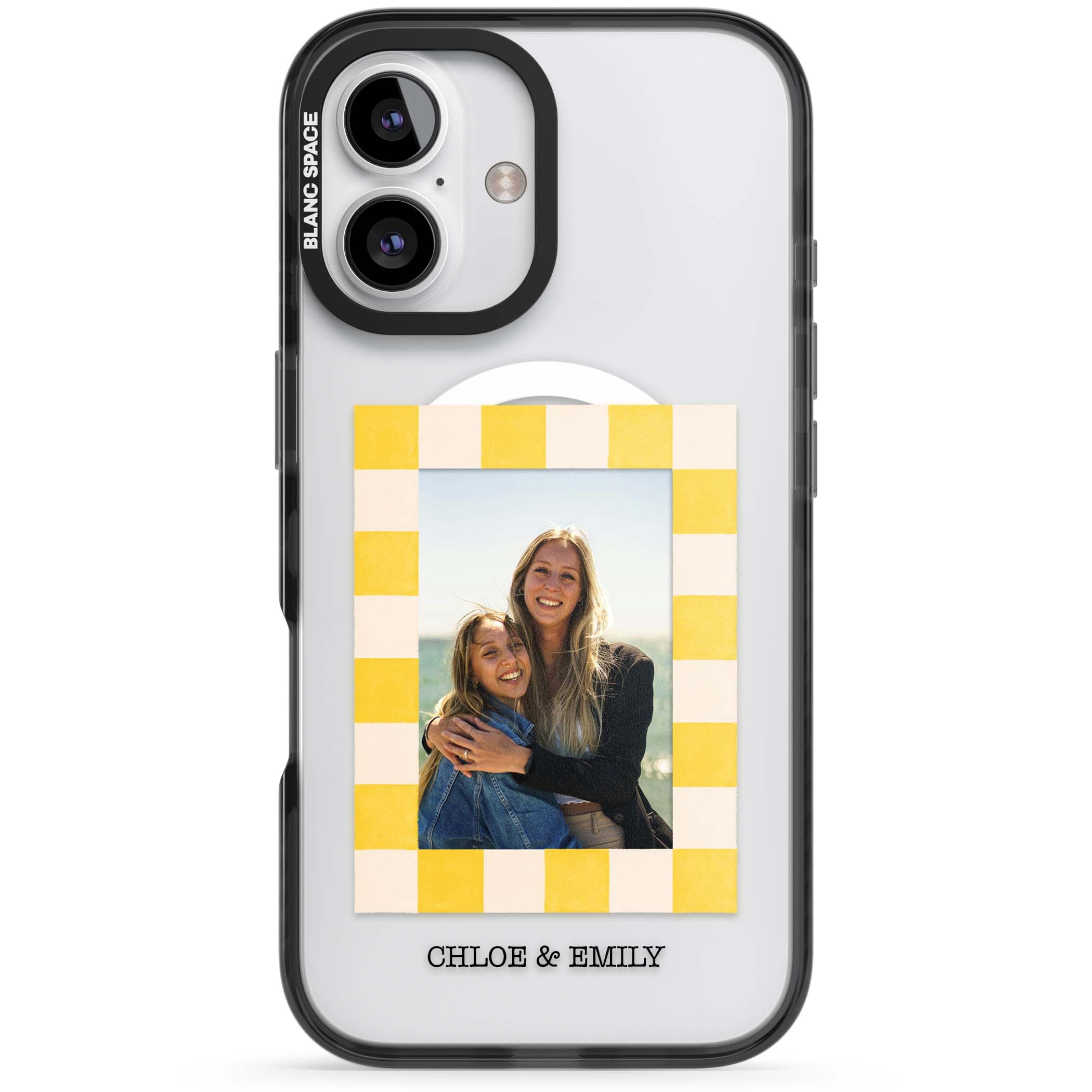 Yellow Check Photo personalised iPhone case with yellow checkered Polaroid frame and custom names beneath | Black Impact Magsafe case for iPhone 16, iPhone 16 Plus